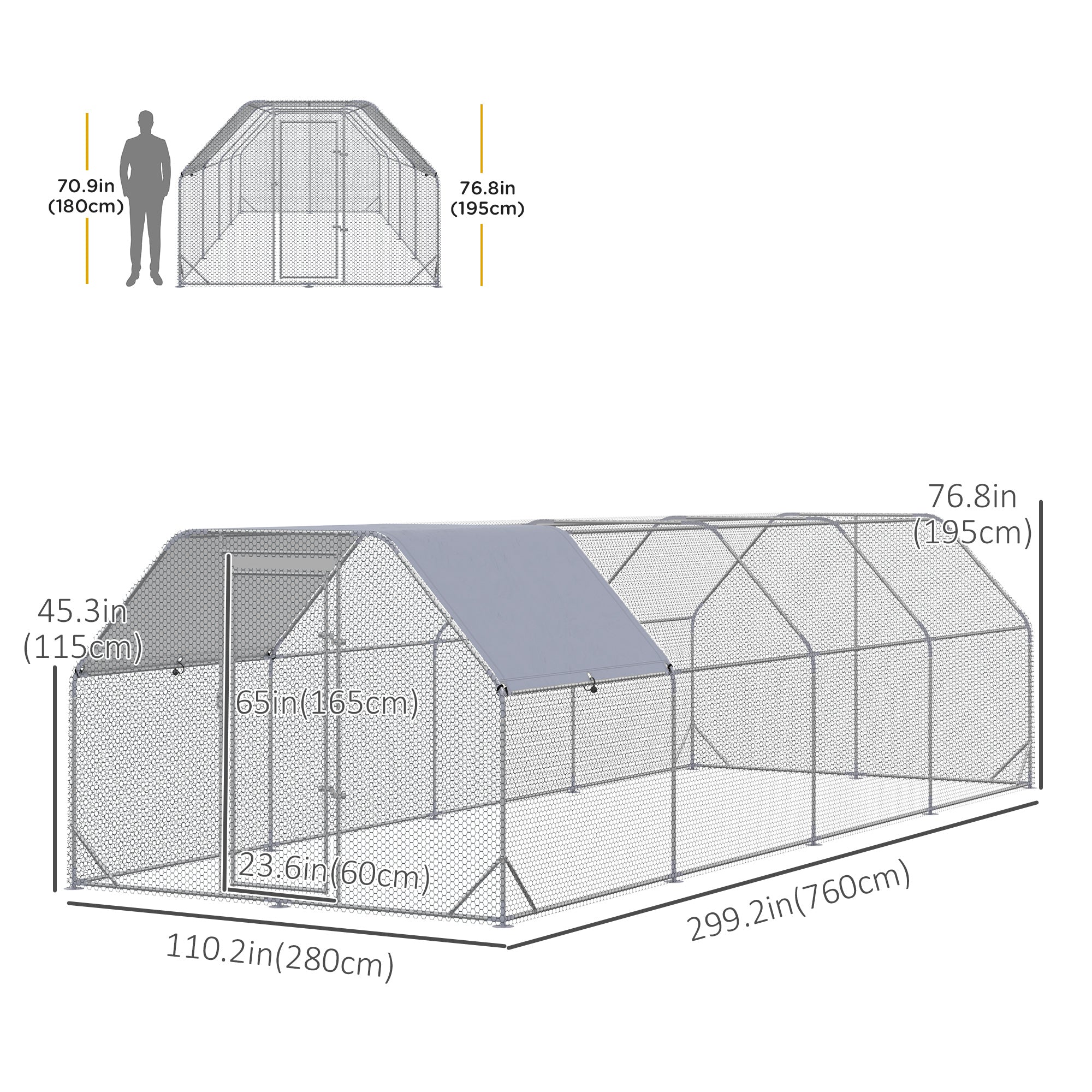 PawHut Chicken Run, Galvanized Large Metal Chicken Coop Cage, Walk-in Enclosure Poultry Hen Run House Playpen Rabbit Hutch with Flat Roof, Cover, for Outdoor Backyard, 9.2' x 24.9' x 6.5', Silver