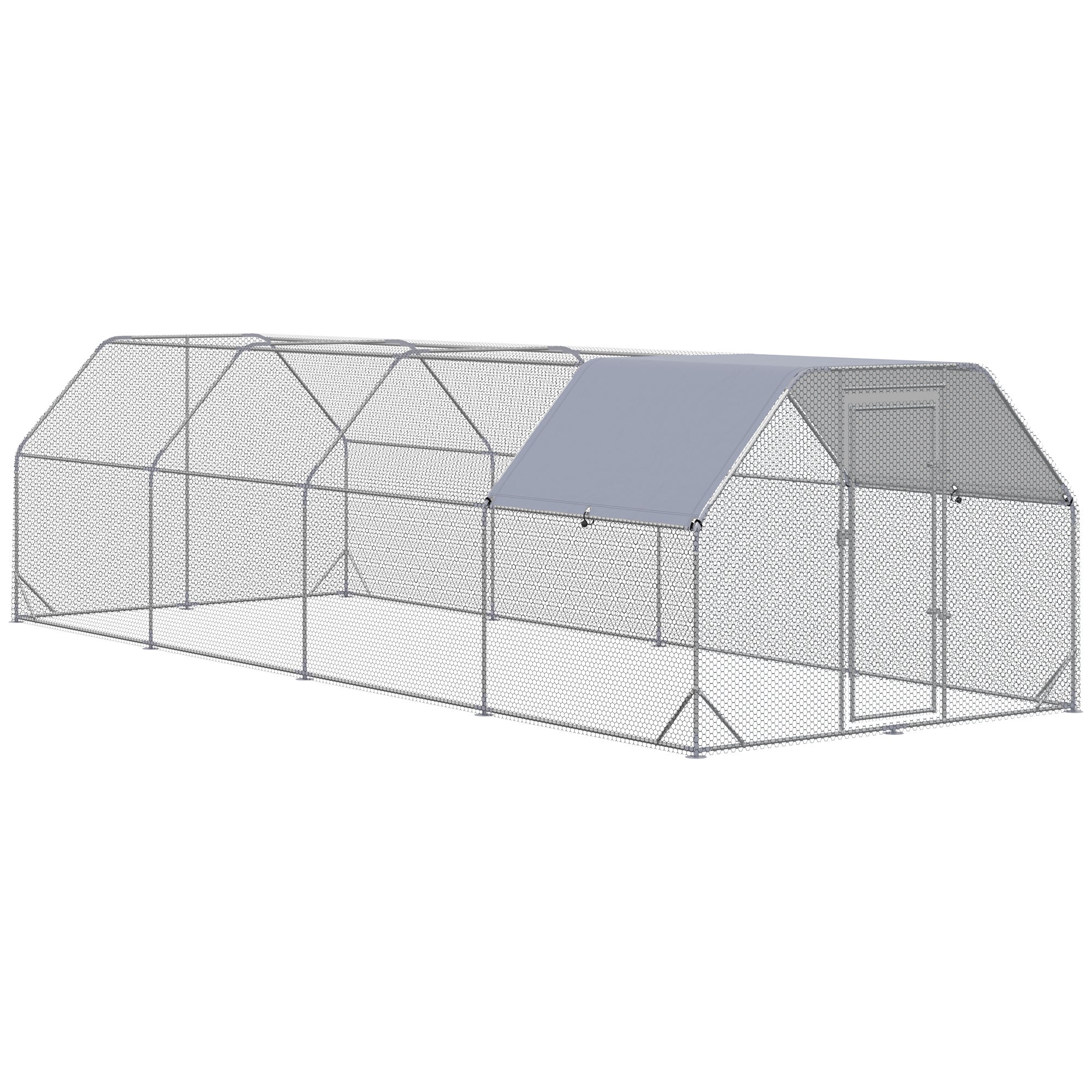 PawHut Chicken Run, Galvanized Large Metal Chicken Coop Cage, Walk-in Enclosure Poultry Hen Run House Playpen Rabbit Hutch with Flat Roof, Cover, for Outdoor Backyard, 9.2' x 24.9' x 6.5', Silver