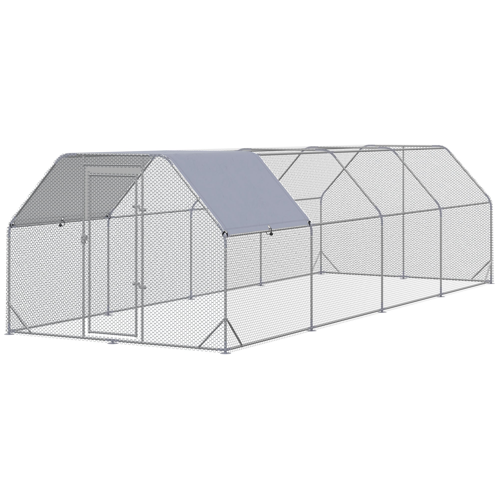 PawHut Chicken Run, Galvanized Large Metal Chicken Coop Cage, Walk-in Enclosure Poultry Hen Run House Playpen Rabbit Hutch with Flat Roof, Cover, for Outdoor Backyard, 9.2' x 24.9' x 6.5', Silver