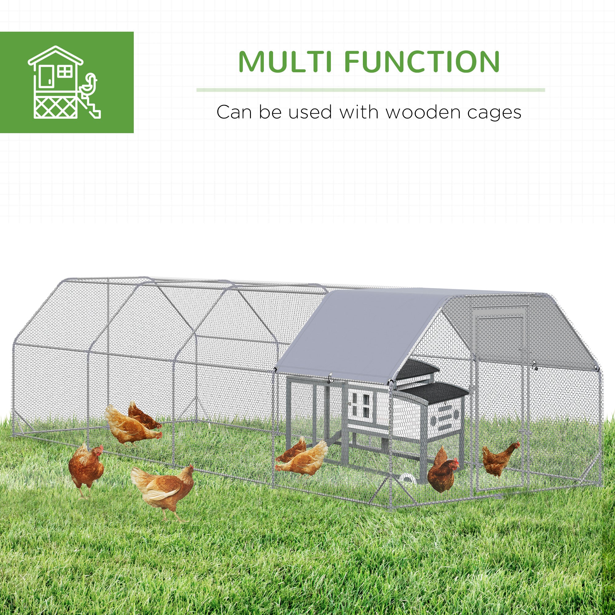 PawHut Chicken Run, Galvanized Large Metal Chicken Coop Cage, Walk-in Enclosure Poultry Hen Run House Playpen Rabbit Hutch with Flat Roof, Cover, for Outdoor Backyard, 9.2' x 24.9' x 6.5', Silver