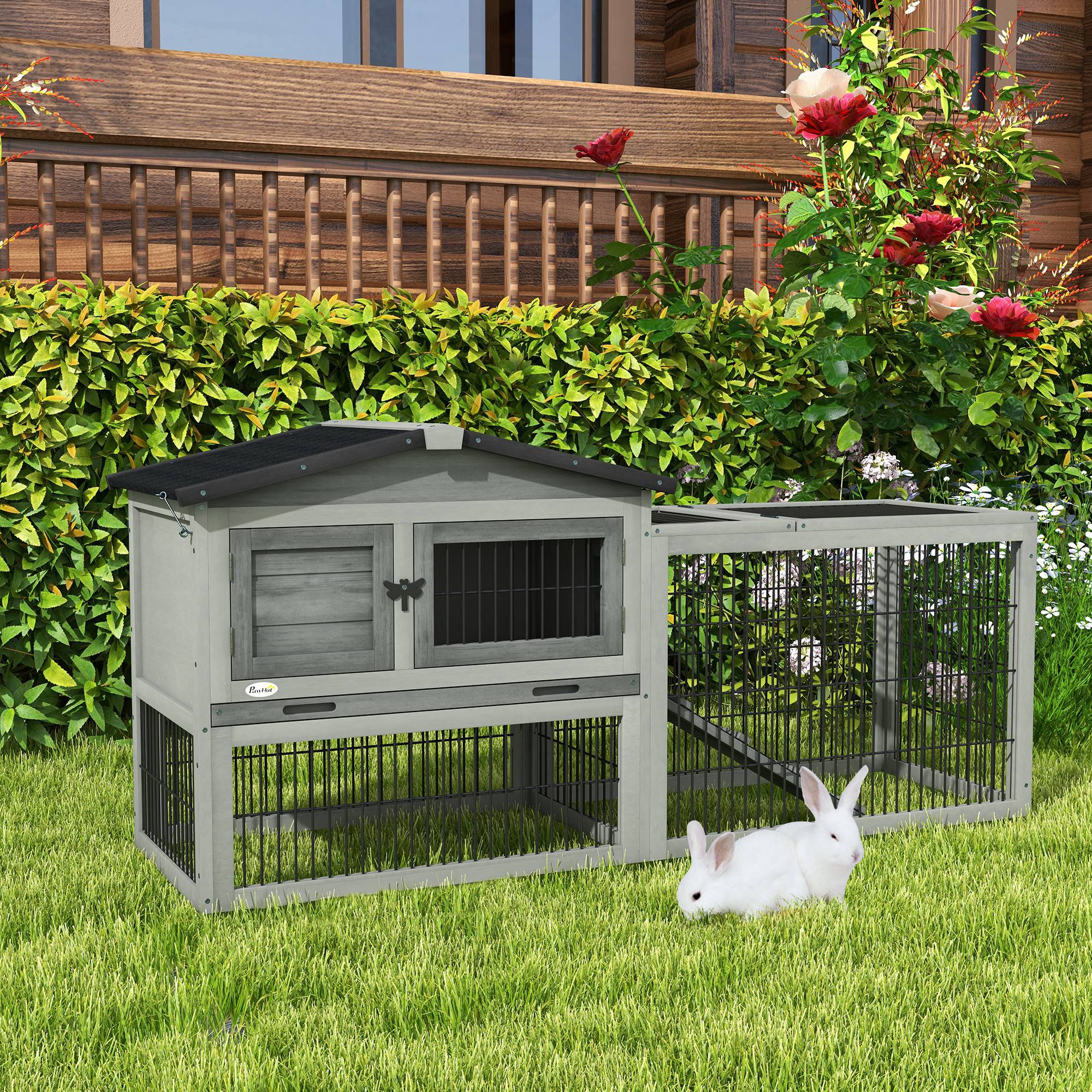 PawHut Rabbit Hutch Outdoor, Wooden Guinea Pig Hutch with Run, Openable Roof, Pull-Out Tray, Ramp for 1-2 Rabbits, 150 x 52.5 x 68 cm, Grey