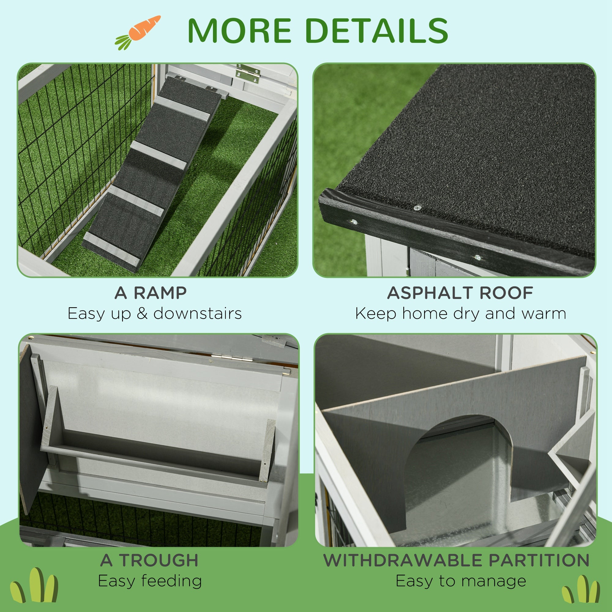 PawHut Rabbit Hutch Outdoor, Wooden Guinea Pig Hutch with Run, Openable Roof, Pull-Out Tray, Ramp for 1-2 Rabbits, 150 x 52.5 x 68 cm, Grey