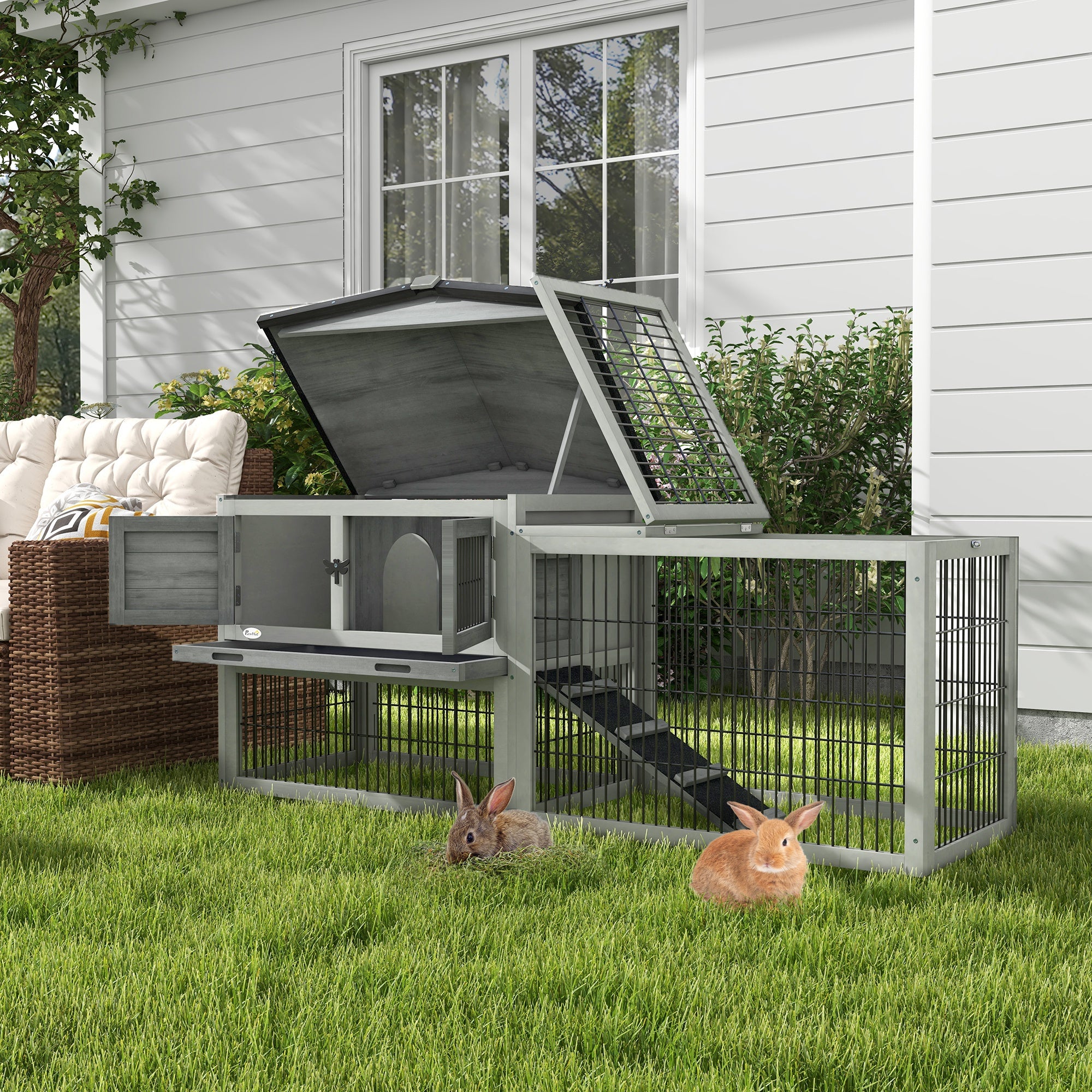PawHut Solid Wood Rabbit Hutch Bunny Cage Pet Guinea Pig House Outdoor Small Animal Habitat w/ Ramp, Weather-Resistant Asphalt Openable Roof, Pull-out Tray, Light Grey