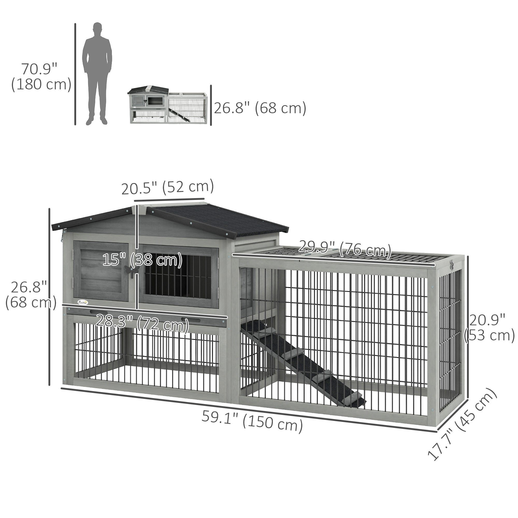 PawHut Solid Wood Rabbit Hutch Bunny Cage Pet Guinea Pig House Outdoor Small Animal Habitat w/ Ramp, Weather-Resistant Asphalt Openable Roof, Pull-out Tray, Light Grey