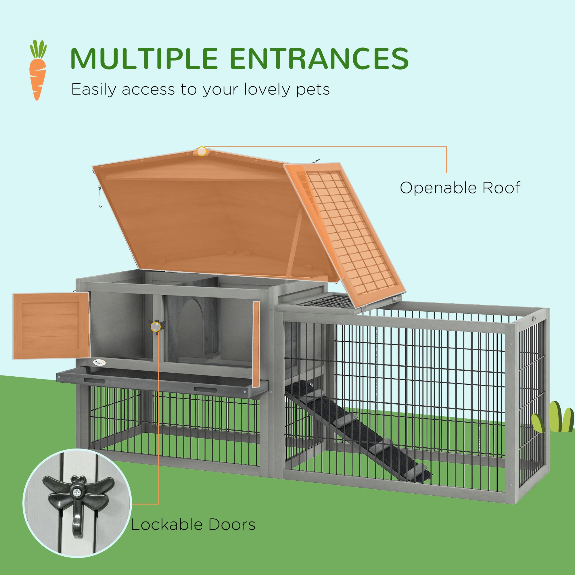 PawHut Solid Wood Rabbit Hutch Bunny Cage Pet Guinea Pig House Outdoor Small Animal Habitat w/ Ramp, Weather-Resistant Asphalt Openable Roof, Pull-out Tray, Light Grey