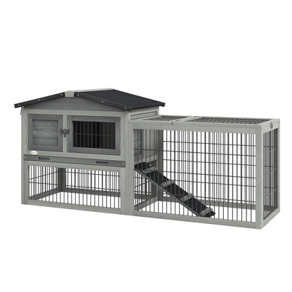 PawHut Solid Wood Rabbit Hutch Bunny Cage Pet Guinea Pig House Outdoor Small Animal Habitat w/ Ramp, Weather-Resistant Asphalt Openable Roof, Pull-out Tray, Light Grey