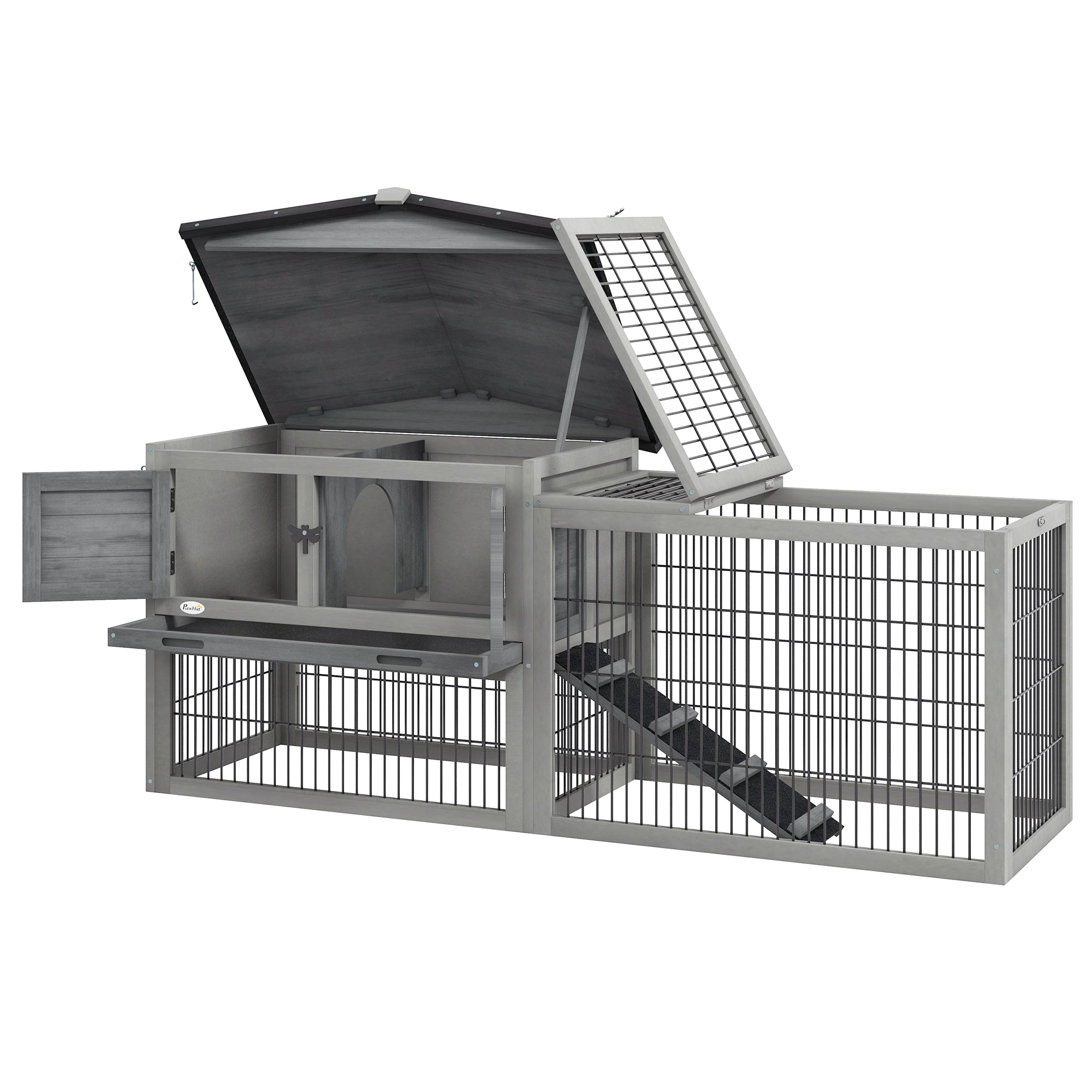 PawHut Rabbit Hutch Outdoor, Wooden Guinea Pig Hutch with Run, Openable Roof, Pull-Out Tray, Ramp for 1-2 Rabbits, 150 x 52.5 x 68 cm, Grey