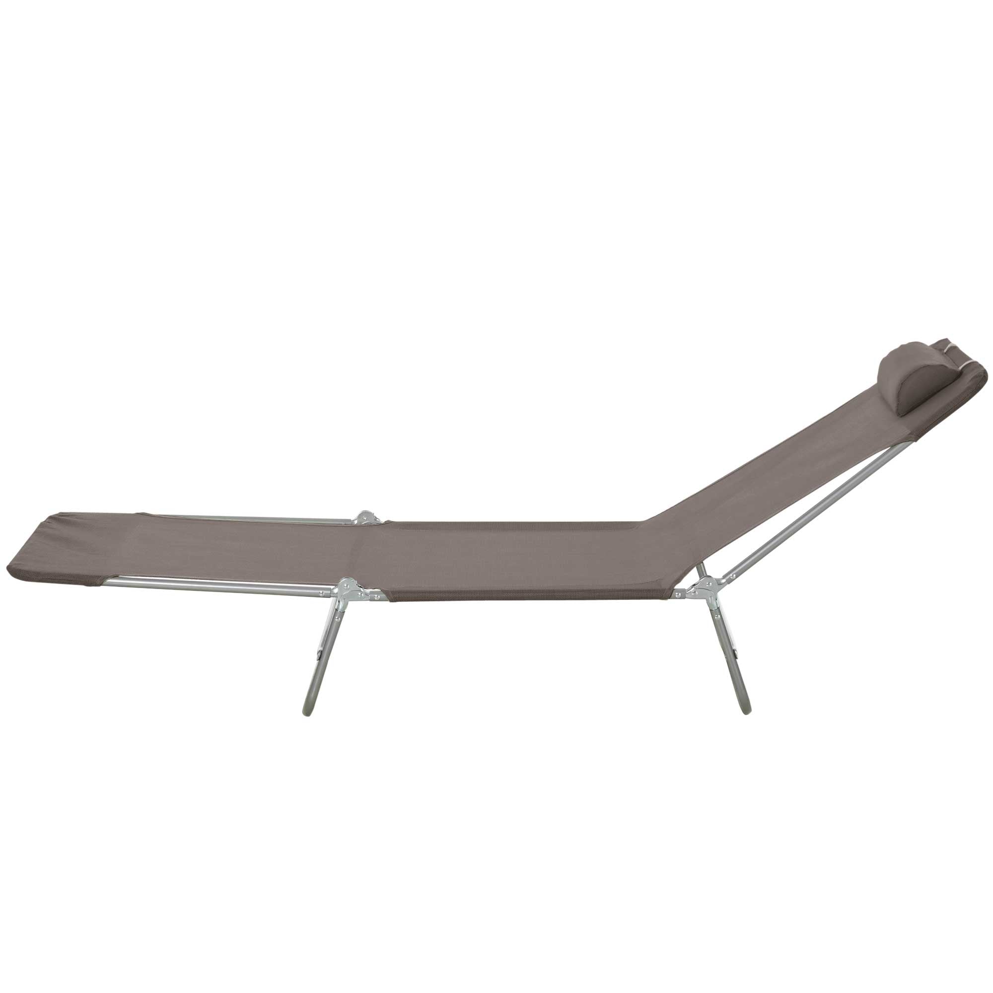 Outsunny Outdoor Lounge Chair, Portable Adjustable Reclining Seat Folding Chaise Lounge Patio Camping Beach Tanning Chair Bed with Pillow, Brown