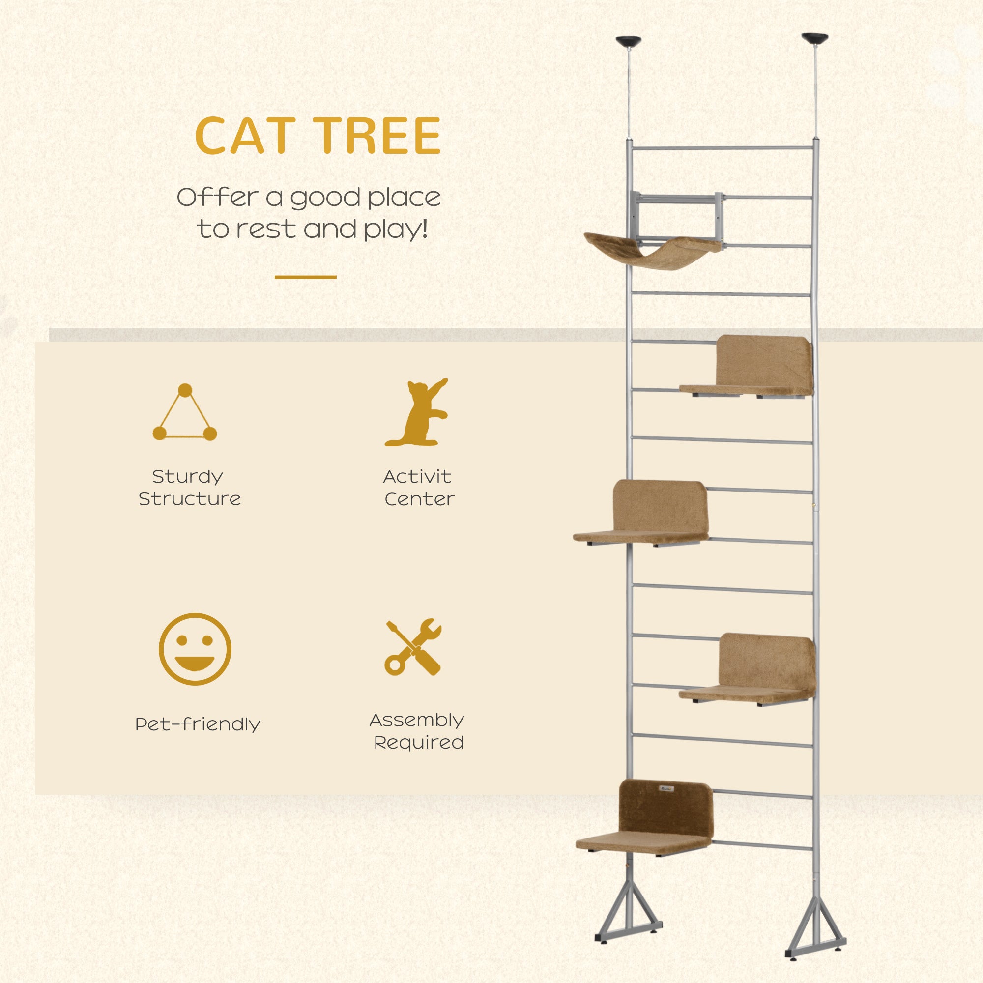 PawHut 108" Floor-to-Ceiling Cat Tree Height Adjustable Climbing Tower, Kitten Activity Center with Hammock and 4 Platforms