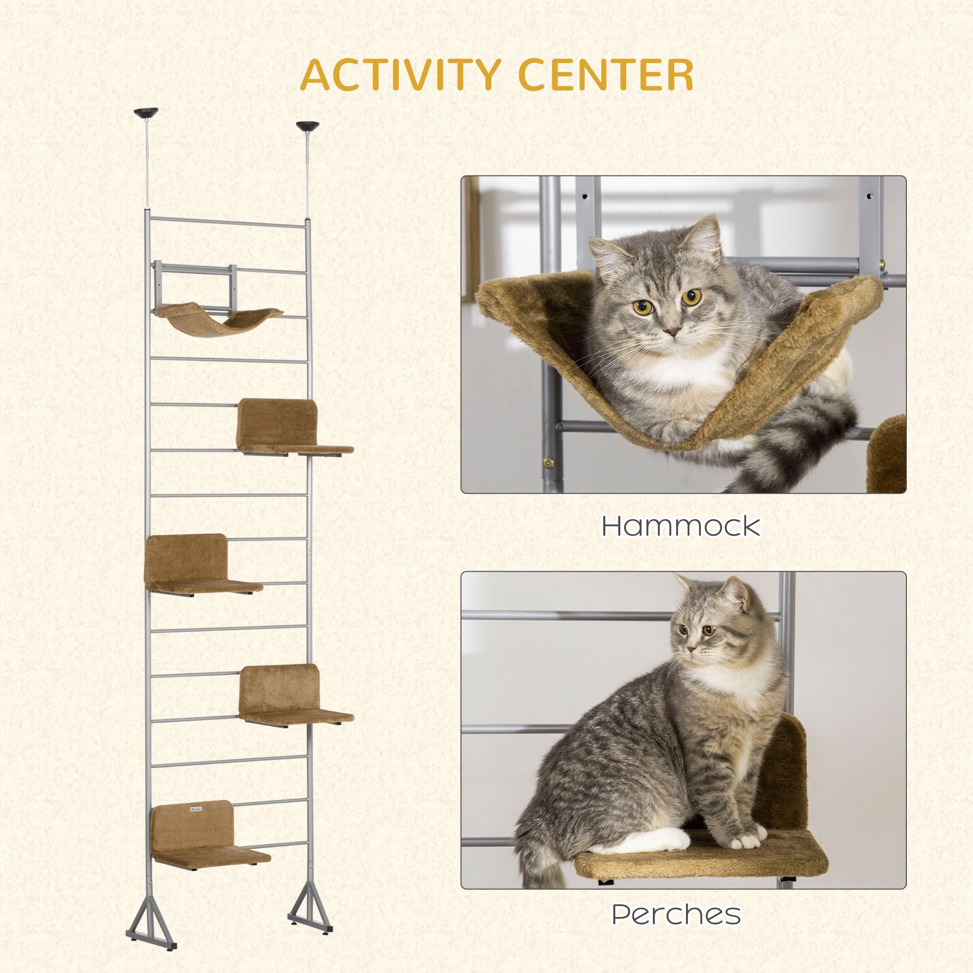 PawHut 108" Floor-to-Ceiling Cat Tree Height Adjustable Climbing Tower, Kitten Activity Center with Hammock and 4 Platforms