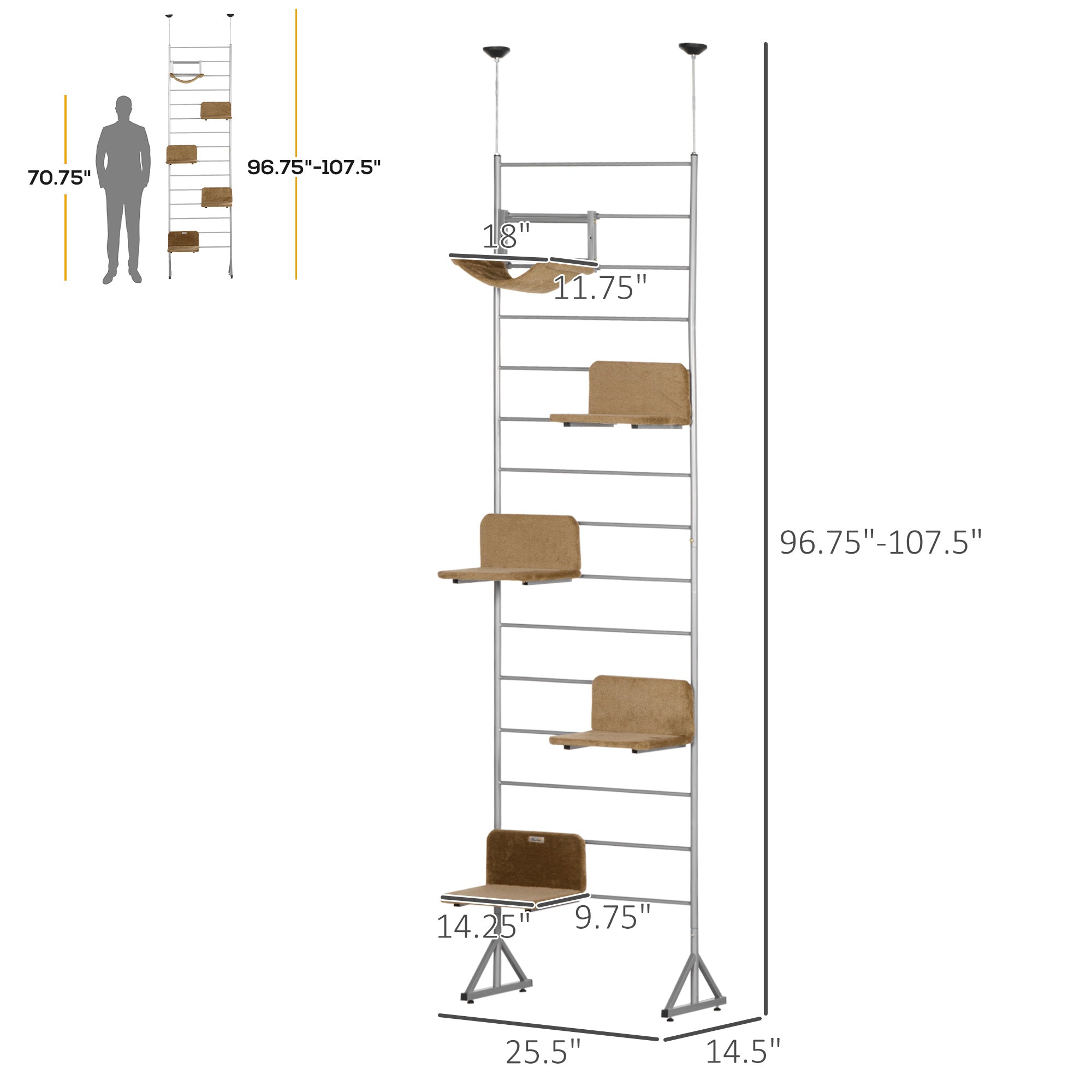 PawHut 108" Floor-to-Ceiling Cat Tree Height Adjustable Climbing Tower, Kitten Activity Center with Hammock and 4 Platforms