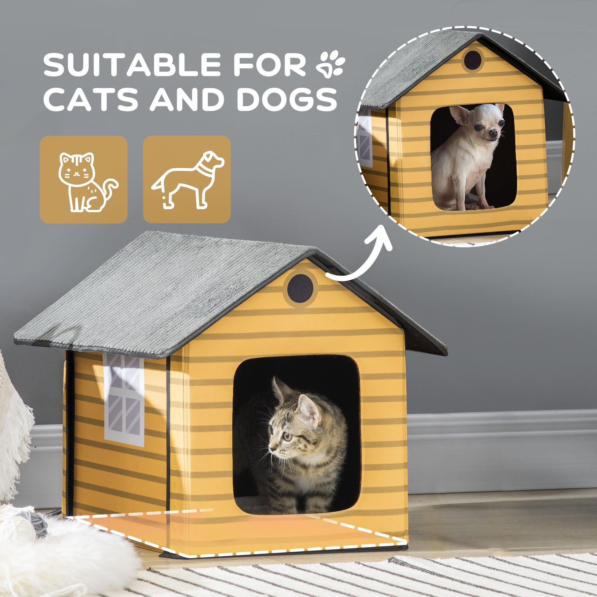 PawHut Heated Cat House Condo, Foldable Enclosed Pet House with Heating Pad for Cats or Small Dogs, Use for Indoor or Covered Outdoor Areas, Log Cabin Design