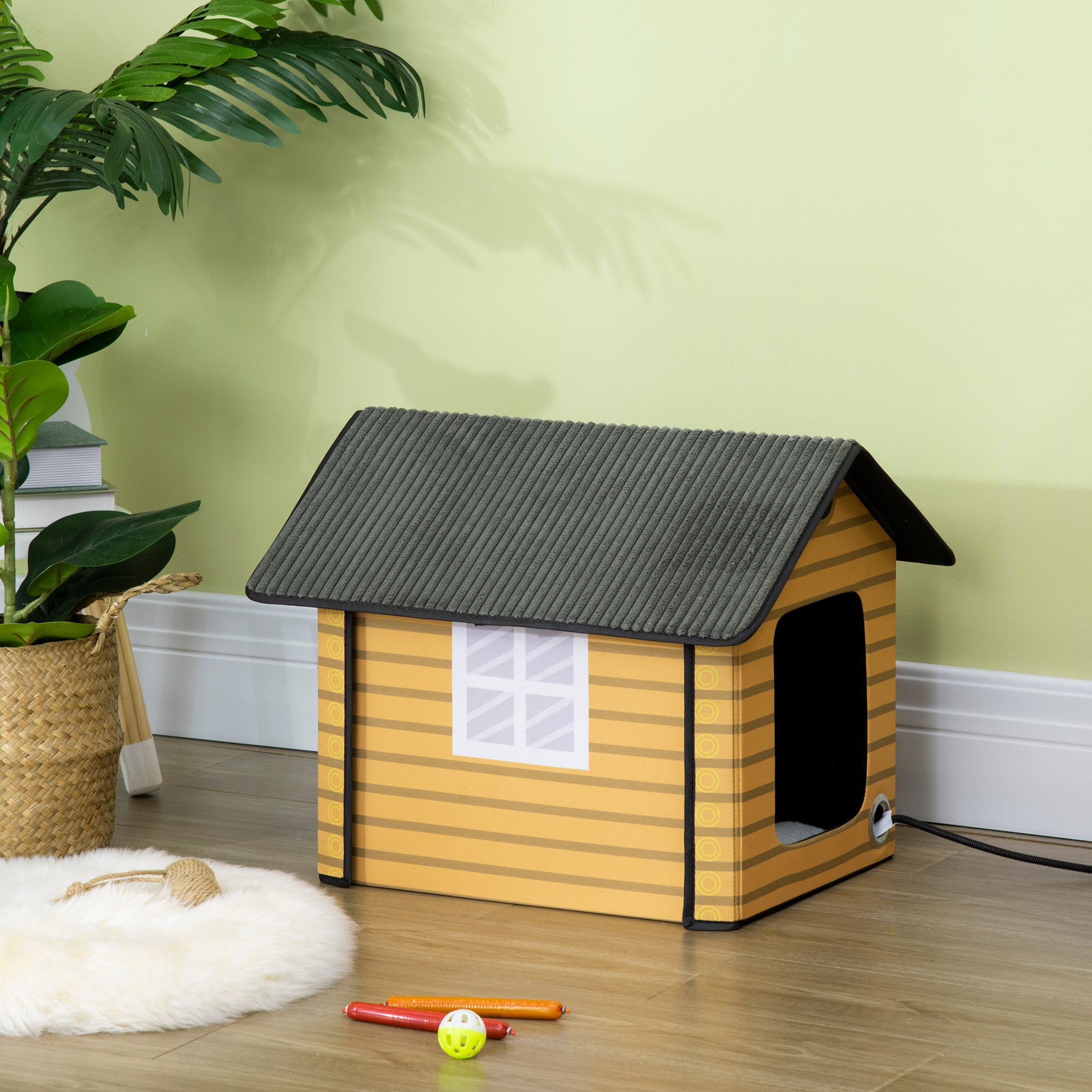 PawHut Heated Cat House Condo, Foldable Enclosed Pet House with Heating Pad for Cats or Small Dogs, Use for Indoor or Covered Outdoor Areas, Log Cabin Design