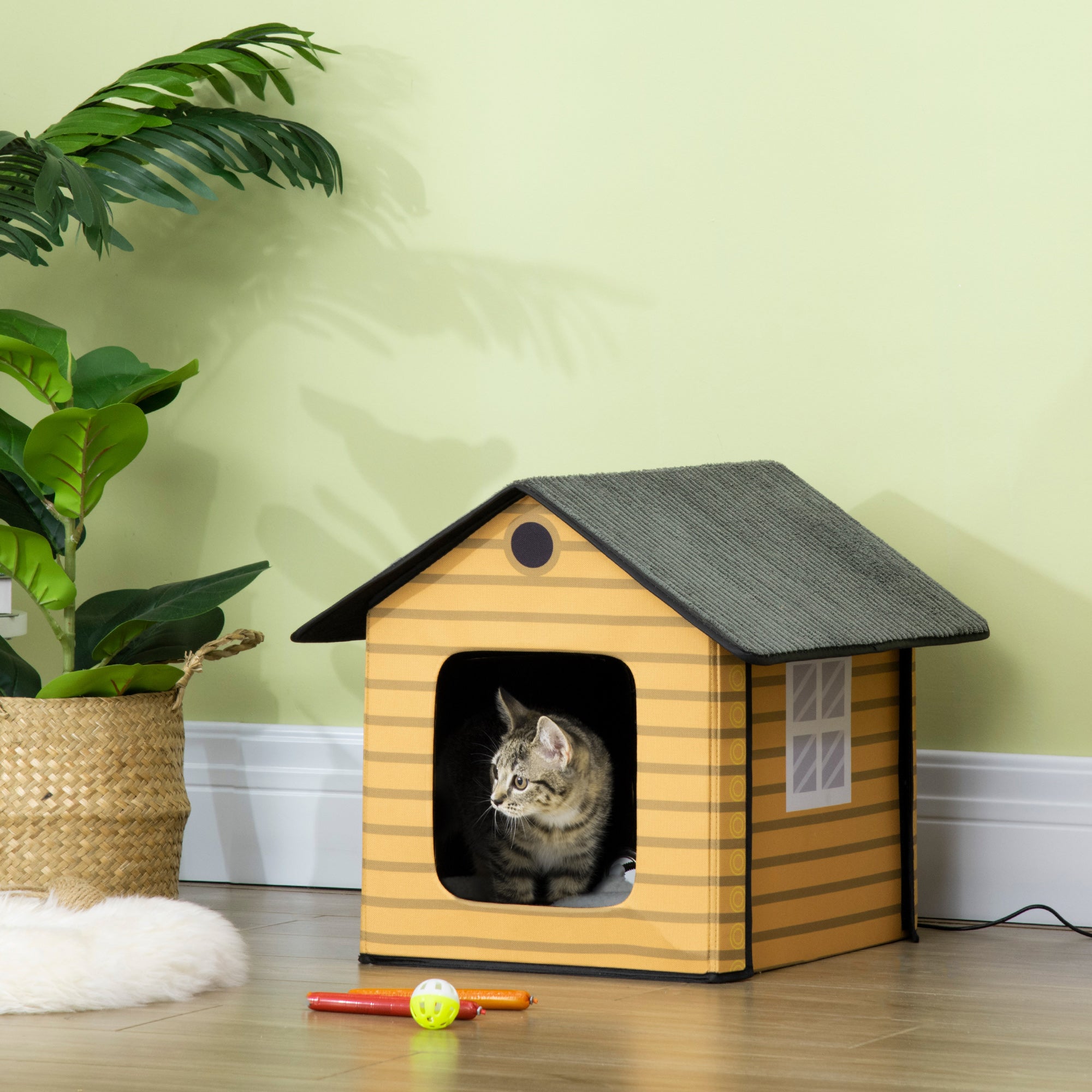 PawHut Heated Cat House Condo, Foldable Enclosed Pet House with Heating Pad for Cats or Small Dogs, Use for Indoor or Covered Outdoor Areas, Log Cabin Design