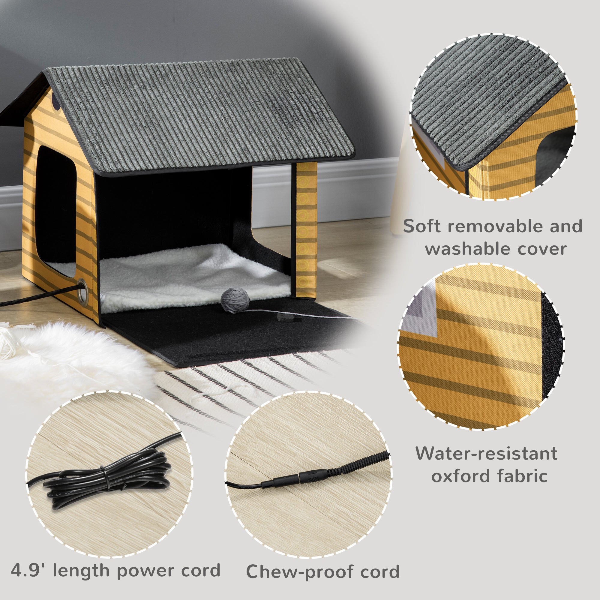 PawHut Heated Cat House Condo, Foldable Enclosed Pet House with Heating Pad for Cats or Small Dogs, Use for Indoor or Covered Outdoor Areas, Log Cabin Design