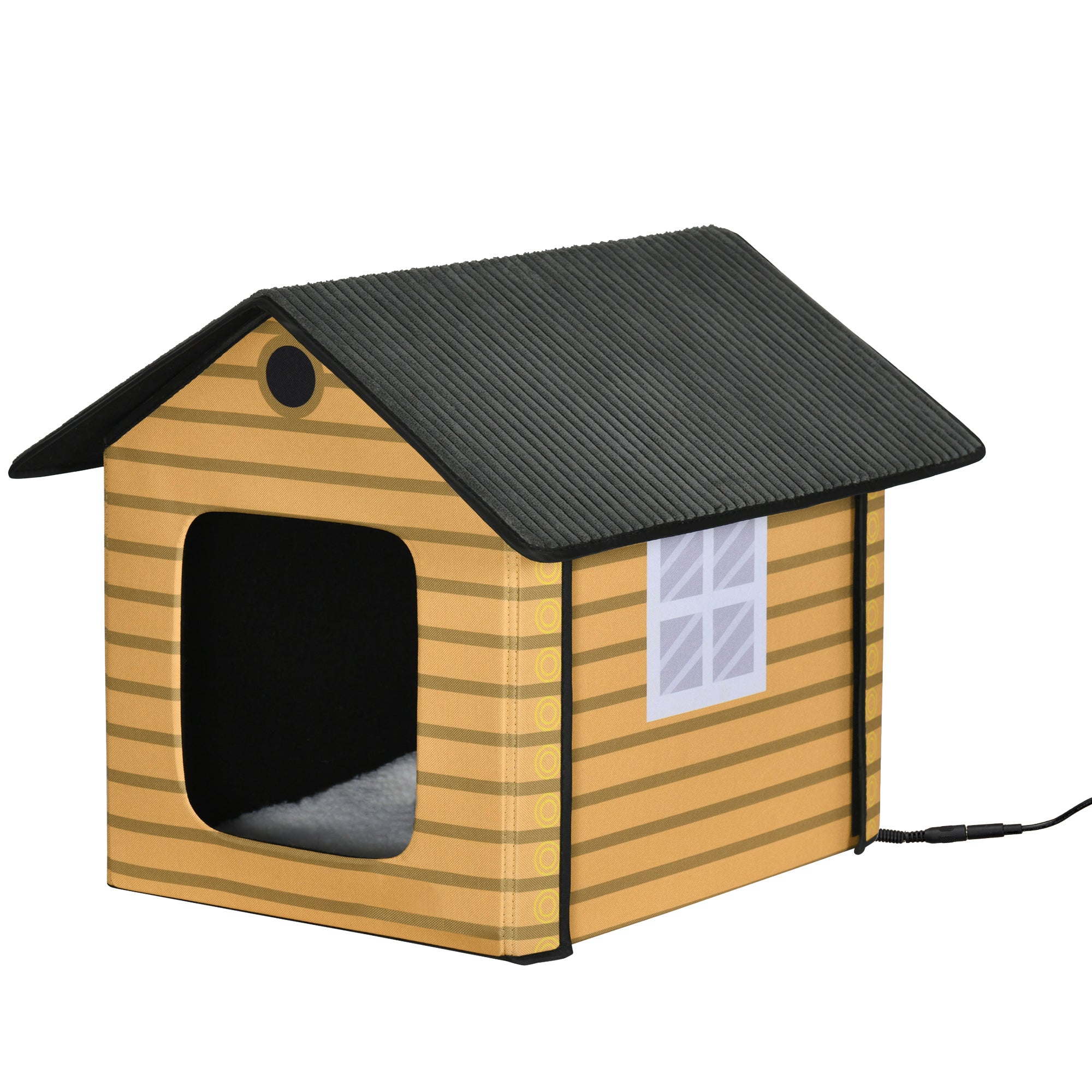 PawHut Heated Cat House Condo, Foldable Enclosed Pet House with Heating Pad for Cats or Small Dogs, Use for Indoor or Covered Outdoor Areas, Log Cabin Design
