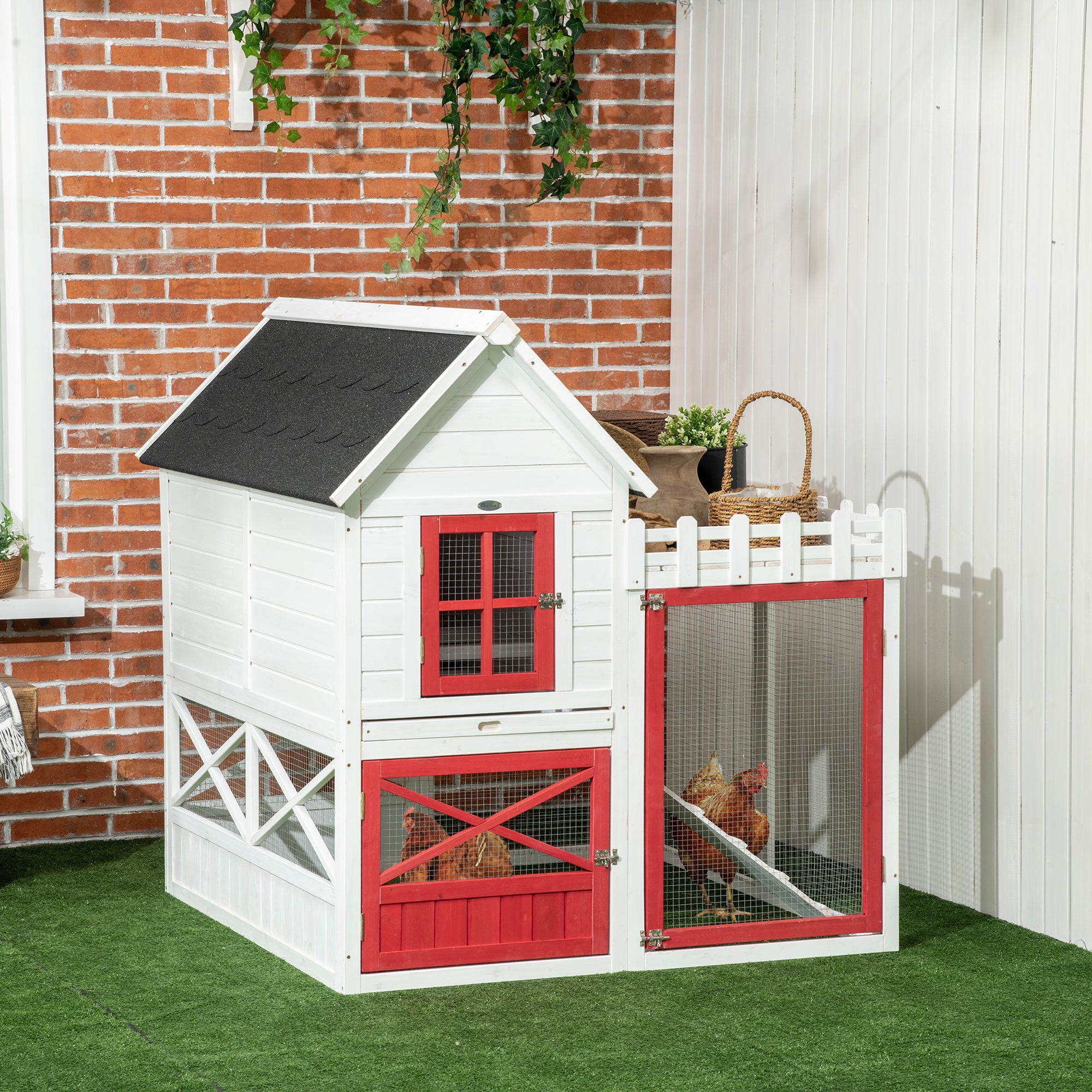 PawHut 51" Small Chicken Coop with Storage Box, Wooden Chicken Coop Chicken House Outdoor Hen House with Nesting Box, Slide-Out Tray, White