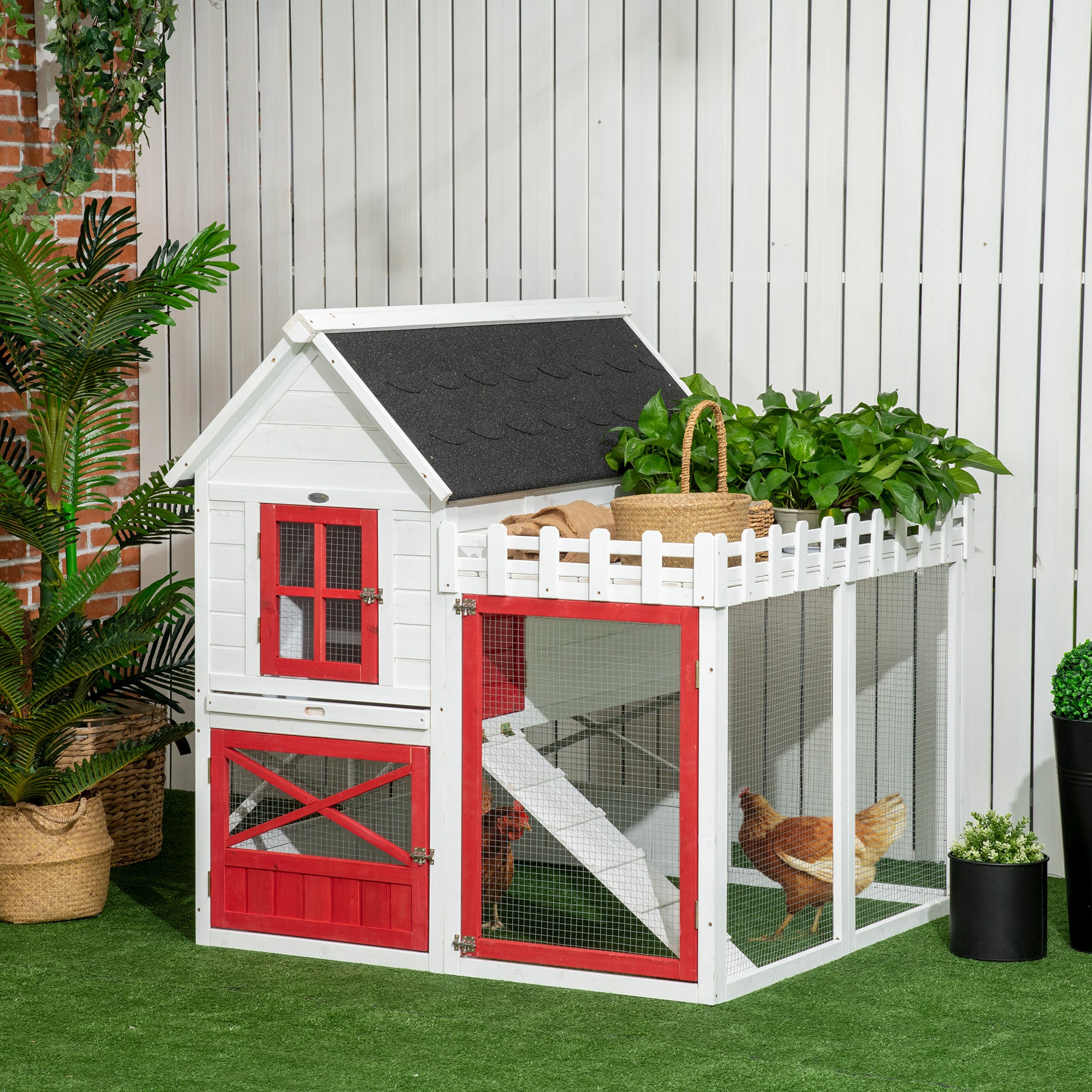 PawHut 51" Small Chicken Coop with Storage Box, Wooden Chicken Coop Chicken House Outdoor Hen House with Nesting Box, Slide-Out Tray, White