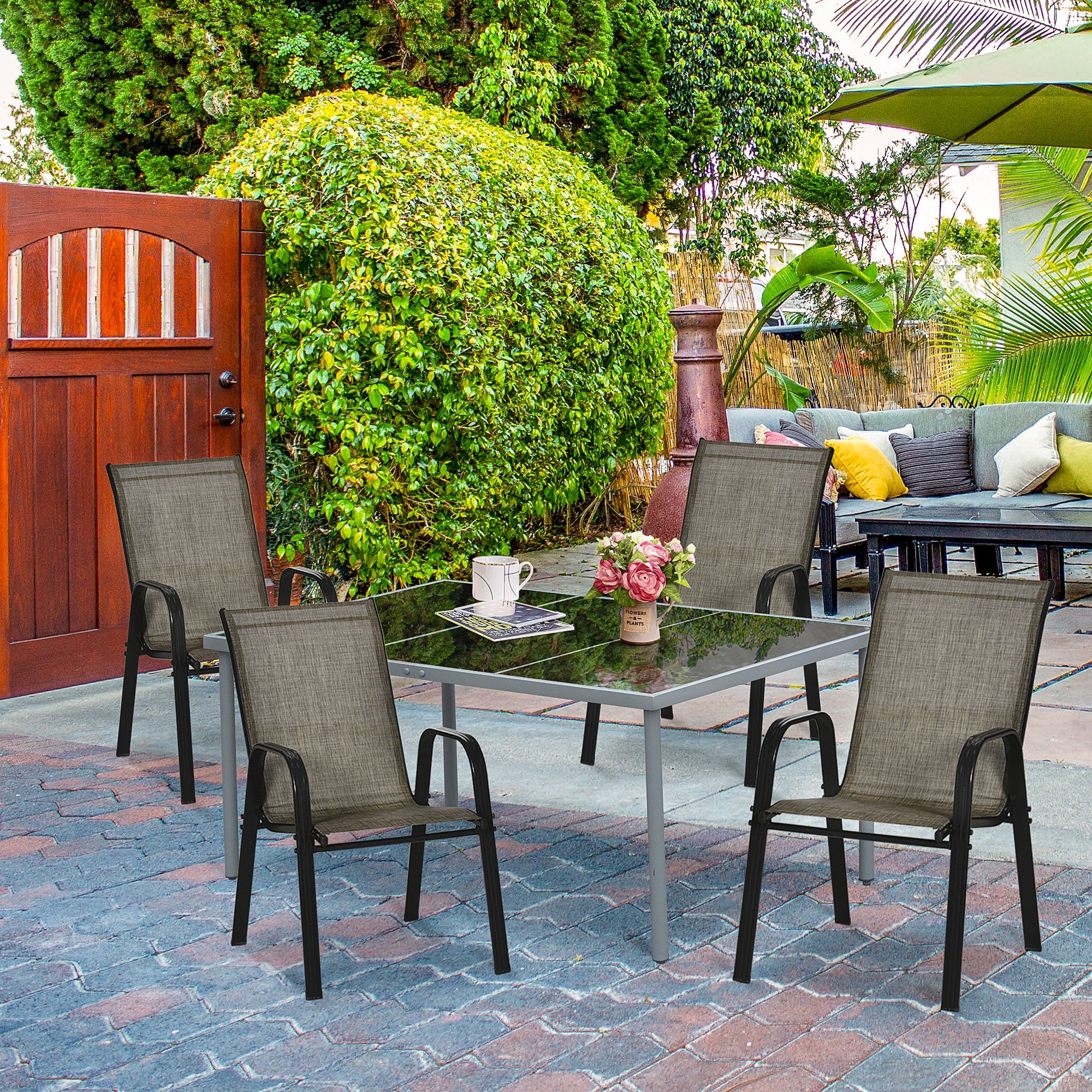 Outsunny Set of 4 Outdoor Dining Chairs, Heavy Duty Stackable Patio Dining Set with Mesh Seat and Armrests for Balcony Garden, Brown and Black