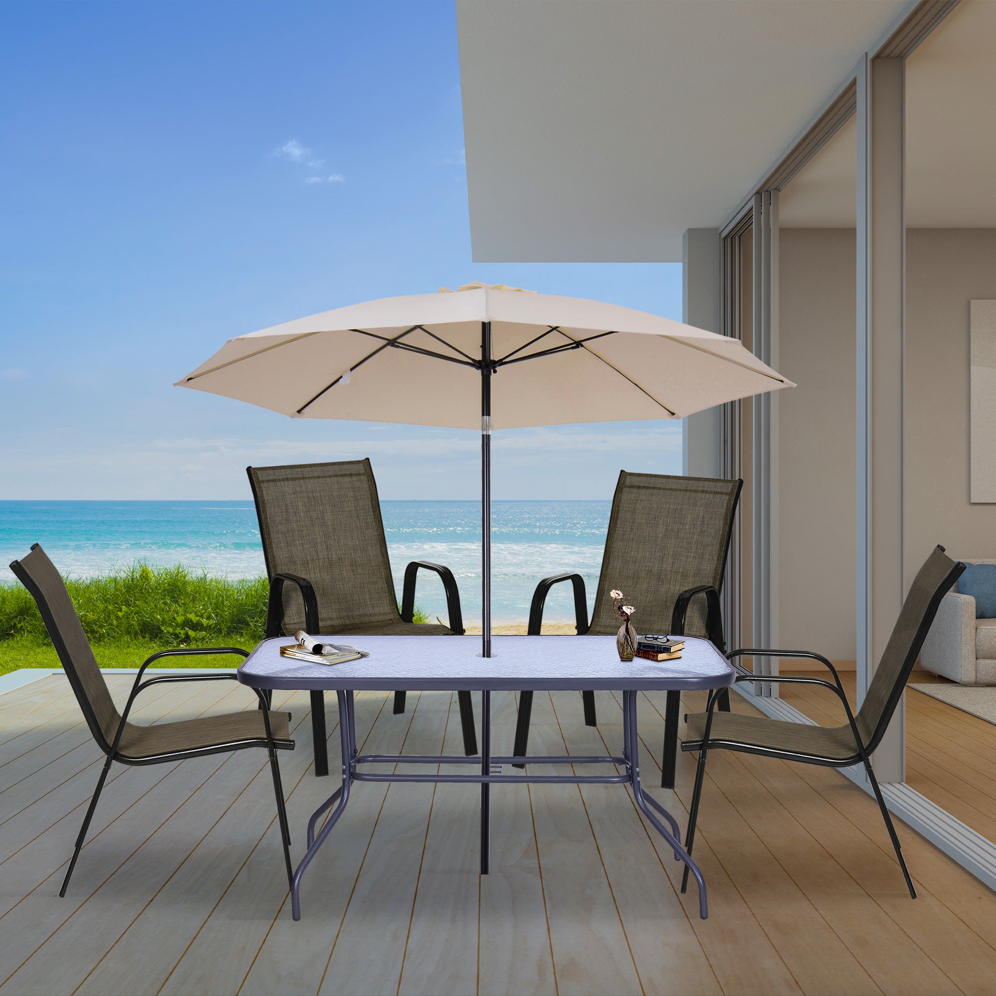 Outsunny Set of 4 Outdoor Dining Chairs, Heavy Duty Stackable Patio Dining Set with Mesh Seat and Armrests for Balcony Garden, Brown and Black