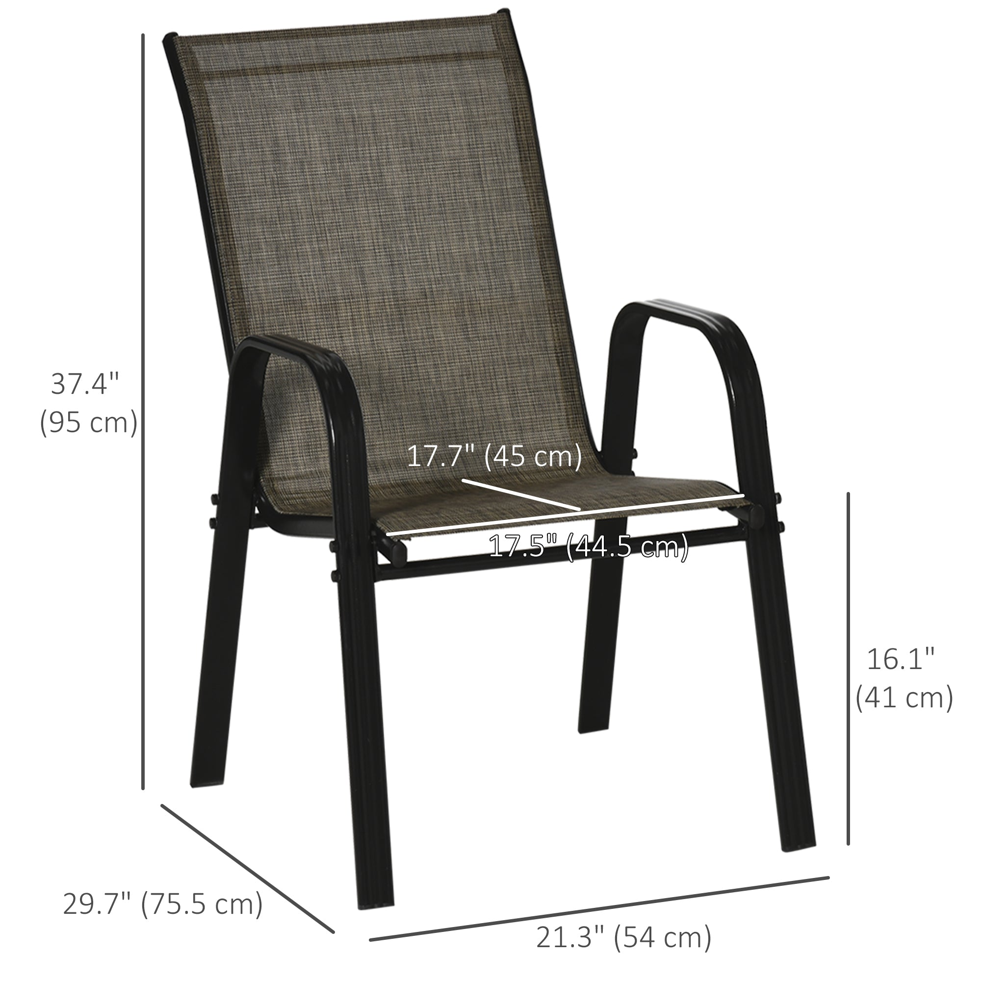 Outsunny Set of 4 Outdoor Dining Chairs, Heavy Duty Stackable Patio Dining Set with Mesh Seat and Armrests for Balcony Garden, Brown and Black