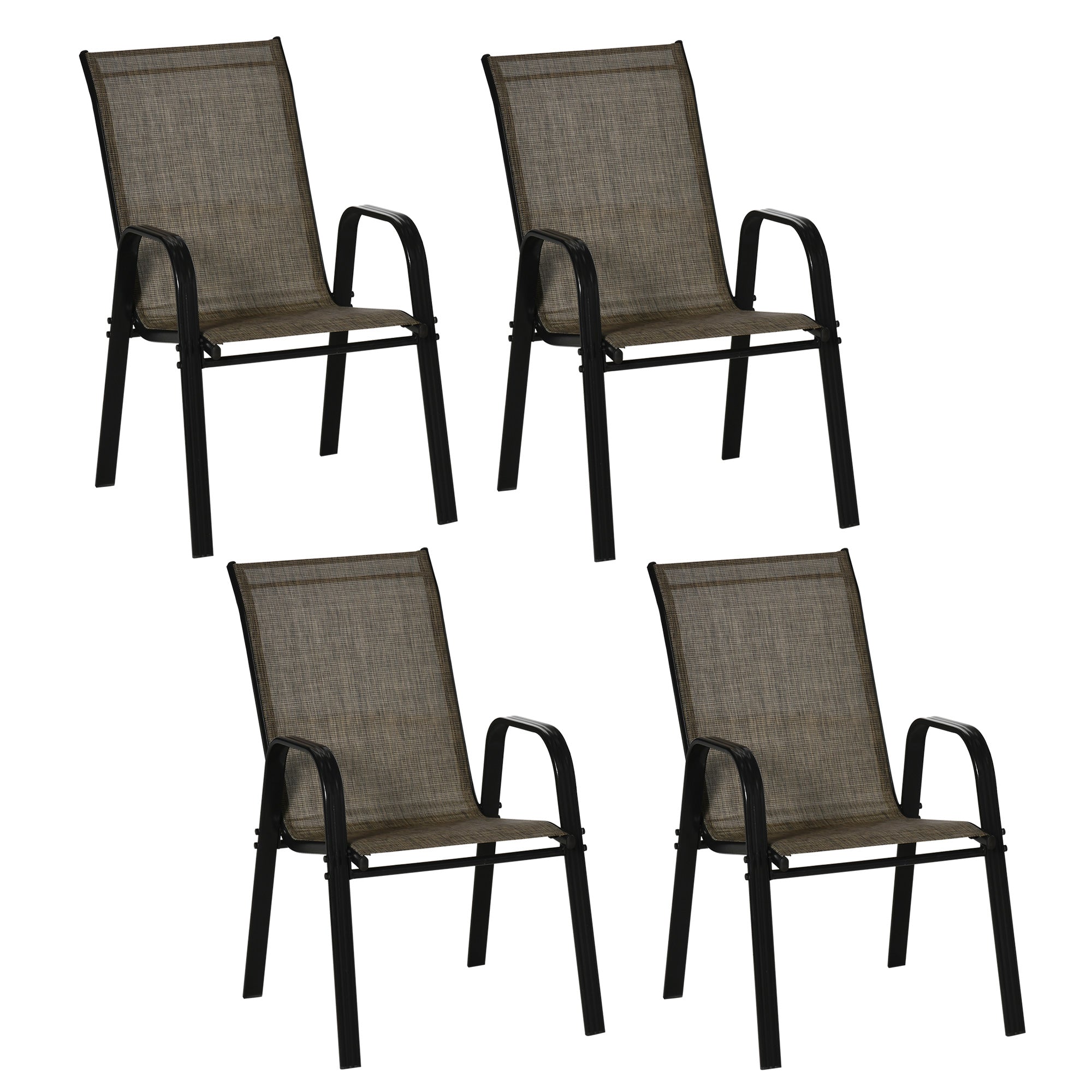 Outsunny Set of 4 Outdoor Dining Chairs, Heavy Duty Stackable Patio Dining Set with Mesh Seat and Armrests for Balcony Garden, Brown and Black