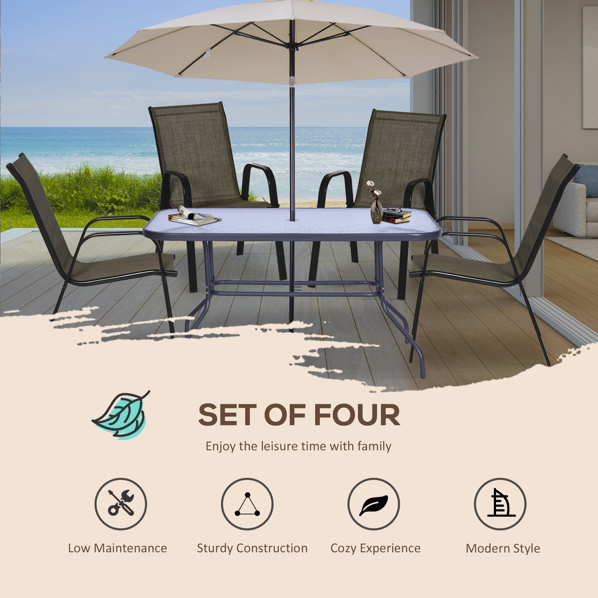 Outsunny Set of 4 Outdoor Dining Chairs, Heavy Duty Stackable Patio Dining Set with Mesh Seat and Armrests for Balcony Garden, Brown and Black