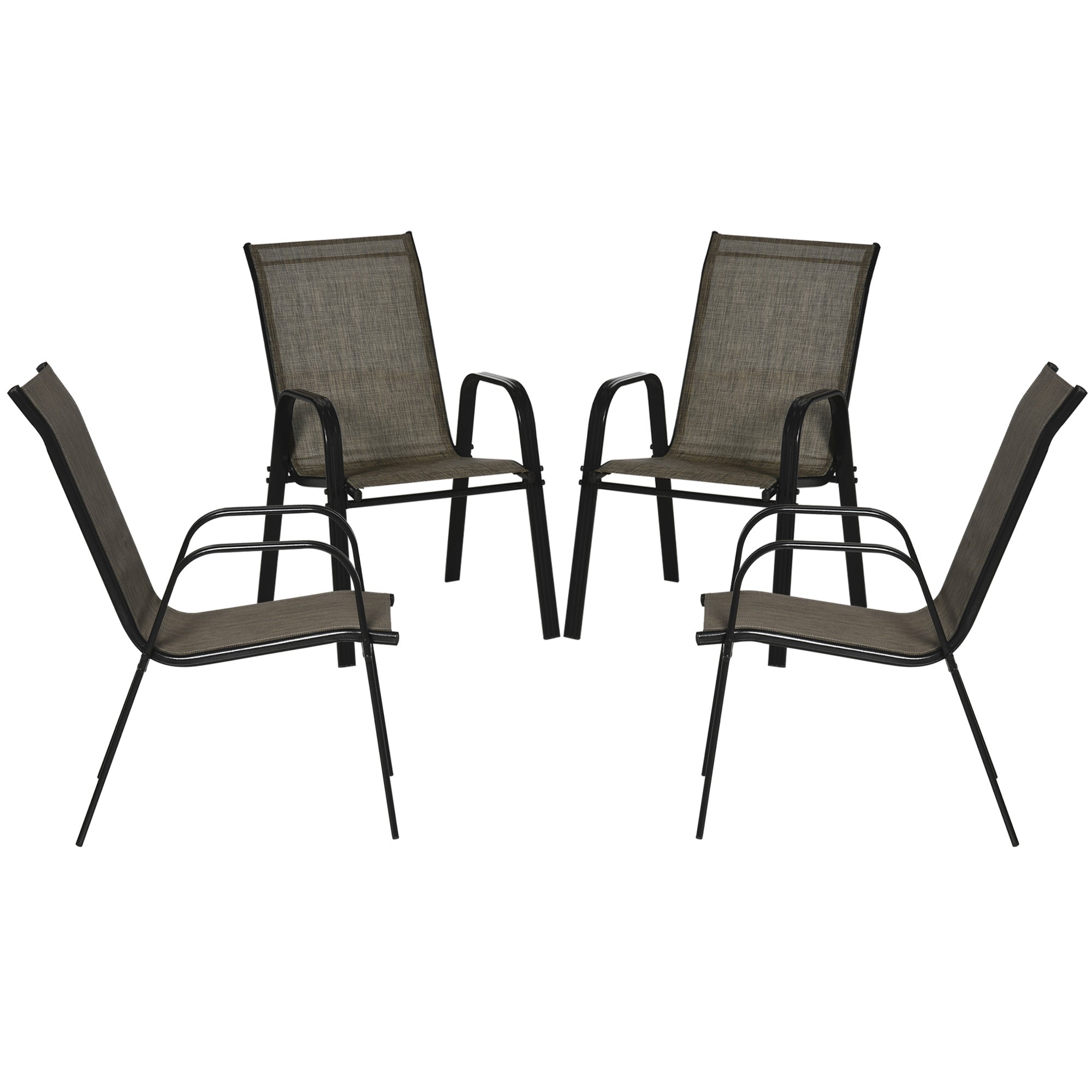 Outsunny Set of 4 Outdoor Dining Chairs, Heavy Duty Stackable Patio Dining Set with Mesh Seat and Armrests for Balcony Garden, Brown and Black