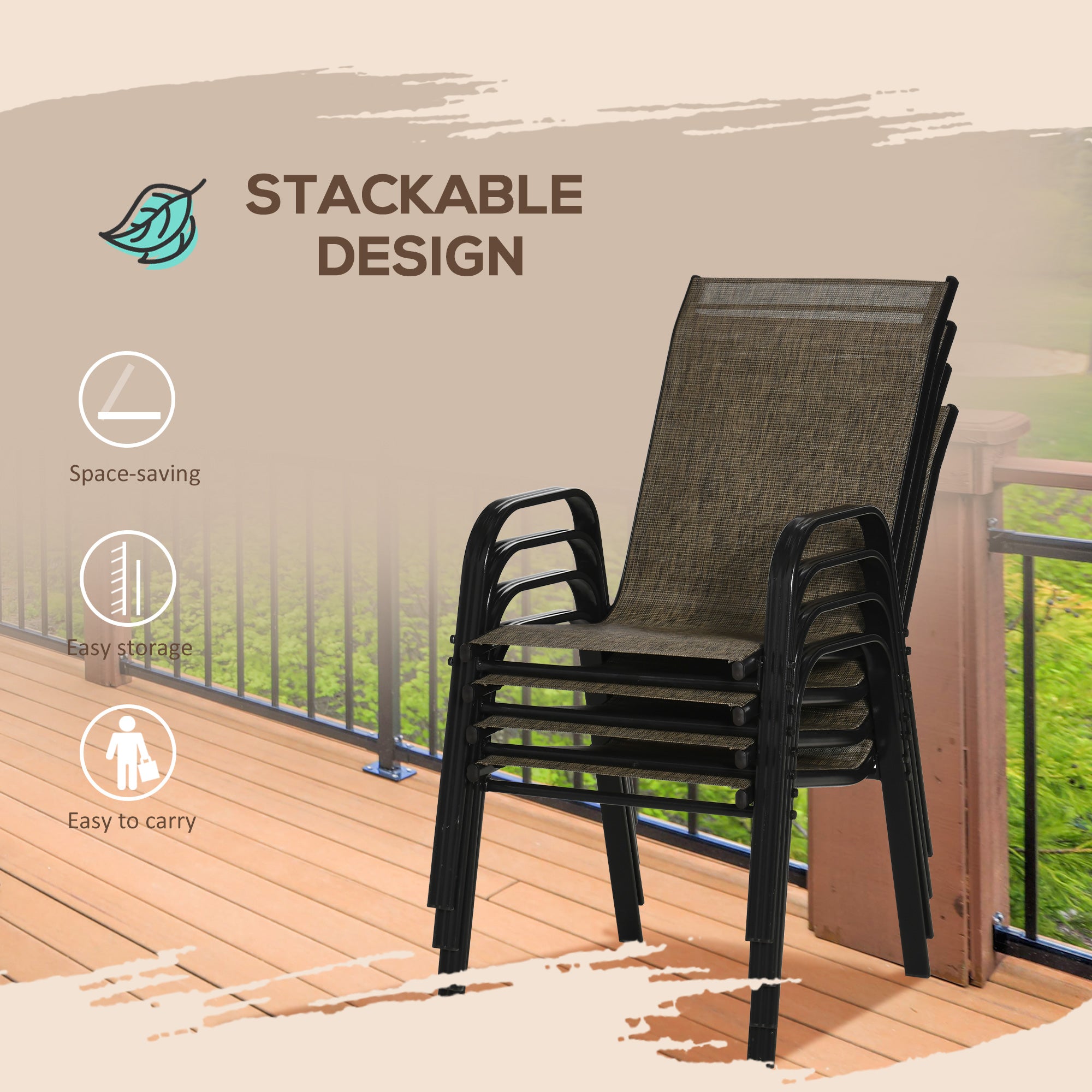 Outsunny Set of 4 Outdoor Dining Chairs, Heavy Duty Stackable Patio Dining Set with Mesh Seat and Armrests for Balcony Garden, Brown and Black