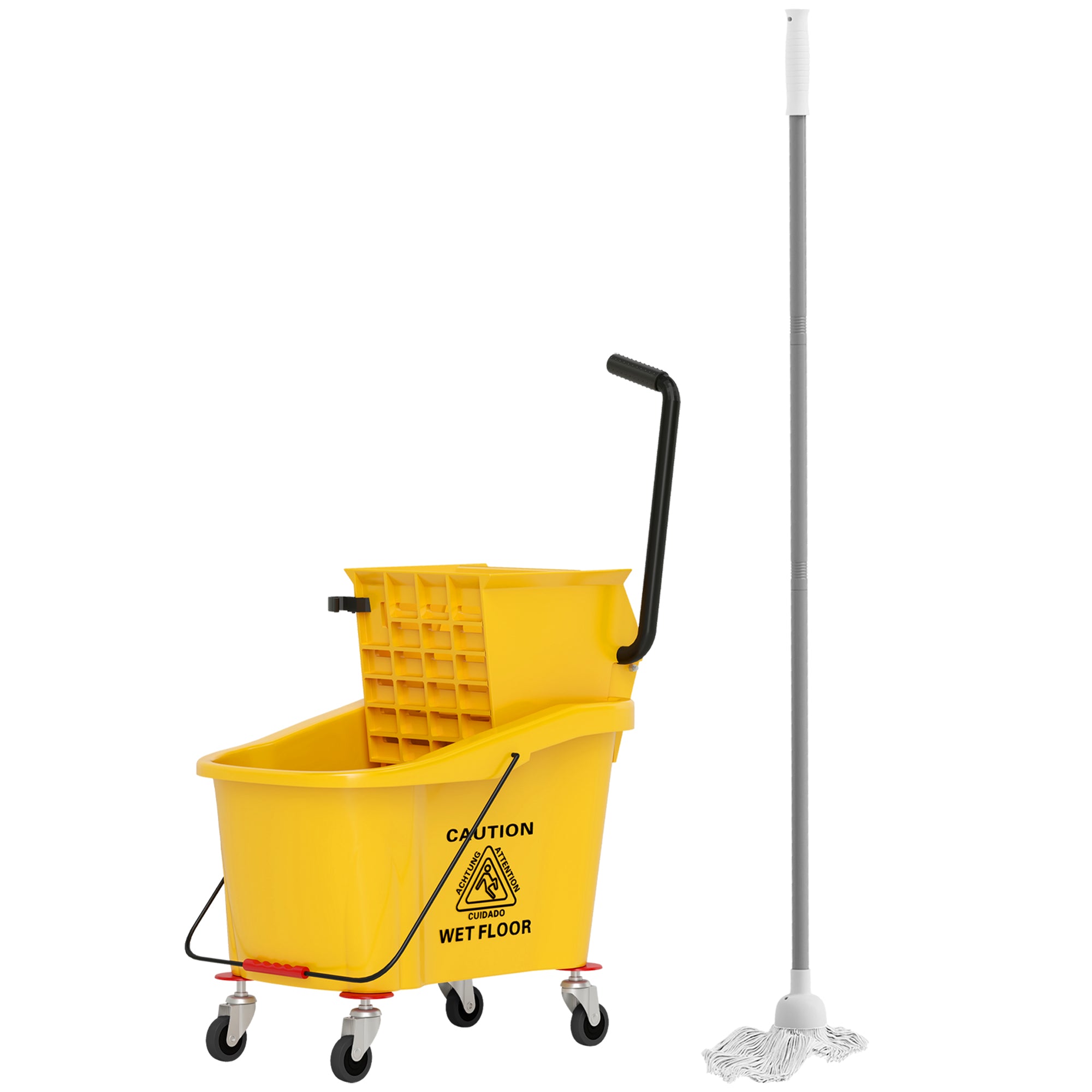 HOMCOM Mop Bucket with Wringer on Wheels for Floor Cleaning, 38 Quart Down Press Wringer with Handle and Mop, Yellow