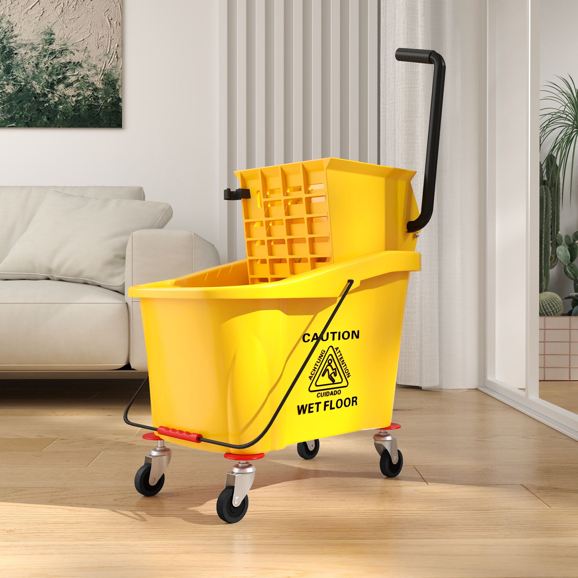 HOMCOM Mop Bucket with Wringer on Wheels for Floor Cleaning, 38 Quart Down Press Wringer with Handle and Mop, Yellow