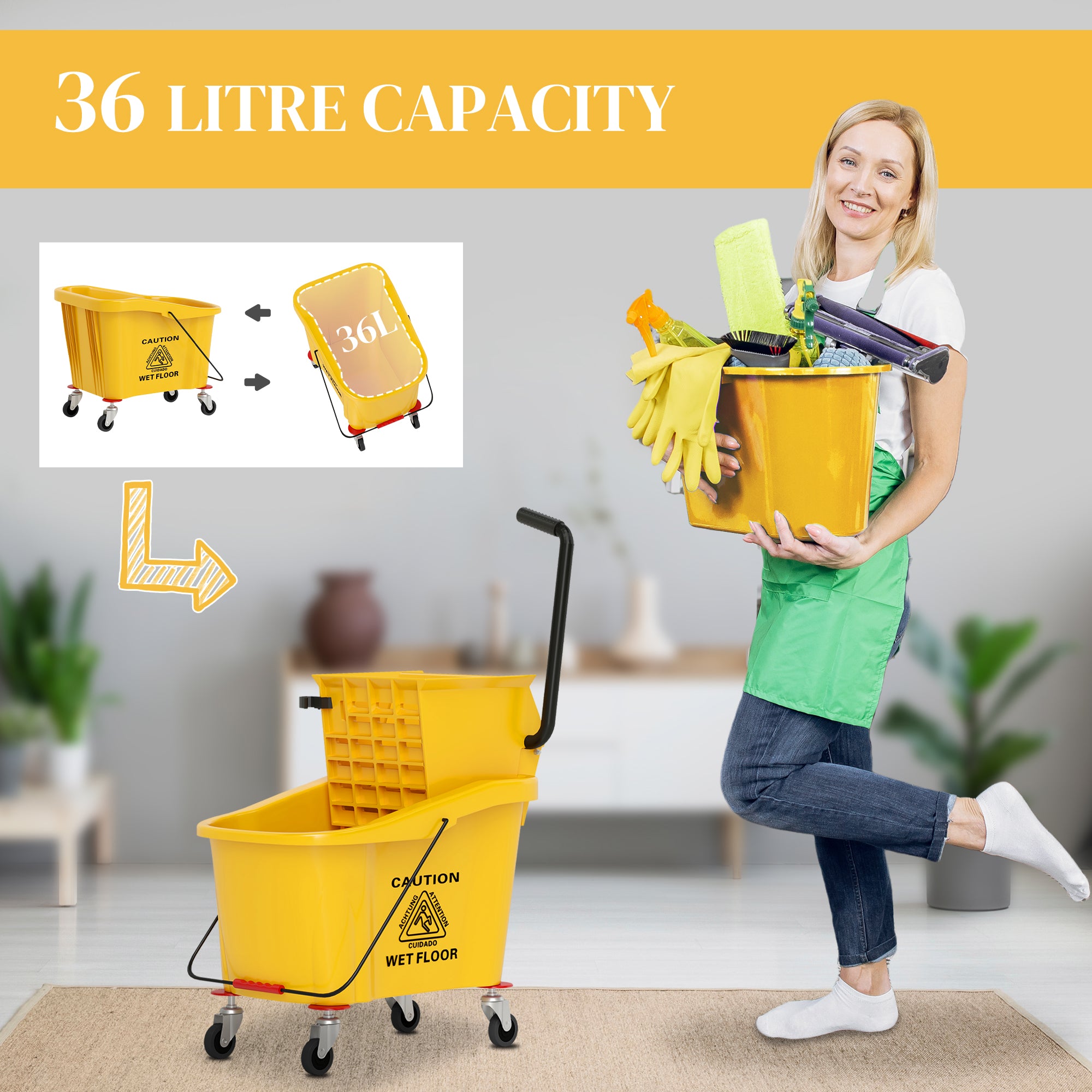 HOMCOM Mop Bucket with Wringer on Wheels for Floor Cleaning, 38 Quart Down Press Wringer with Handle and Mop, Yellow