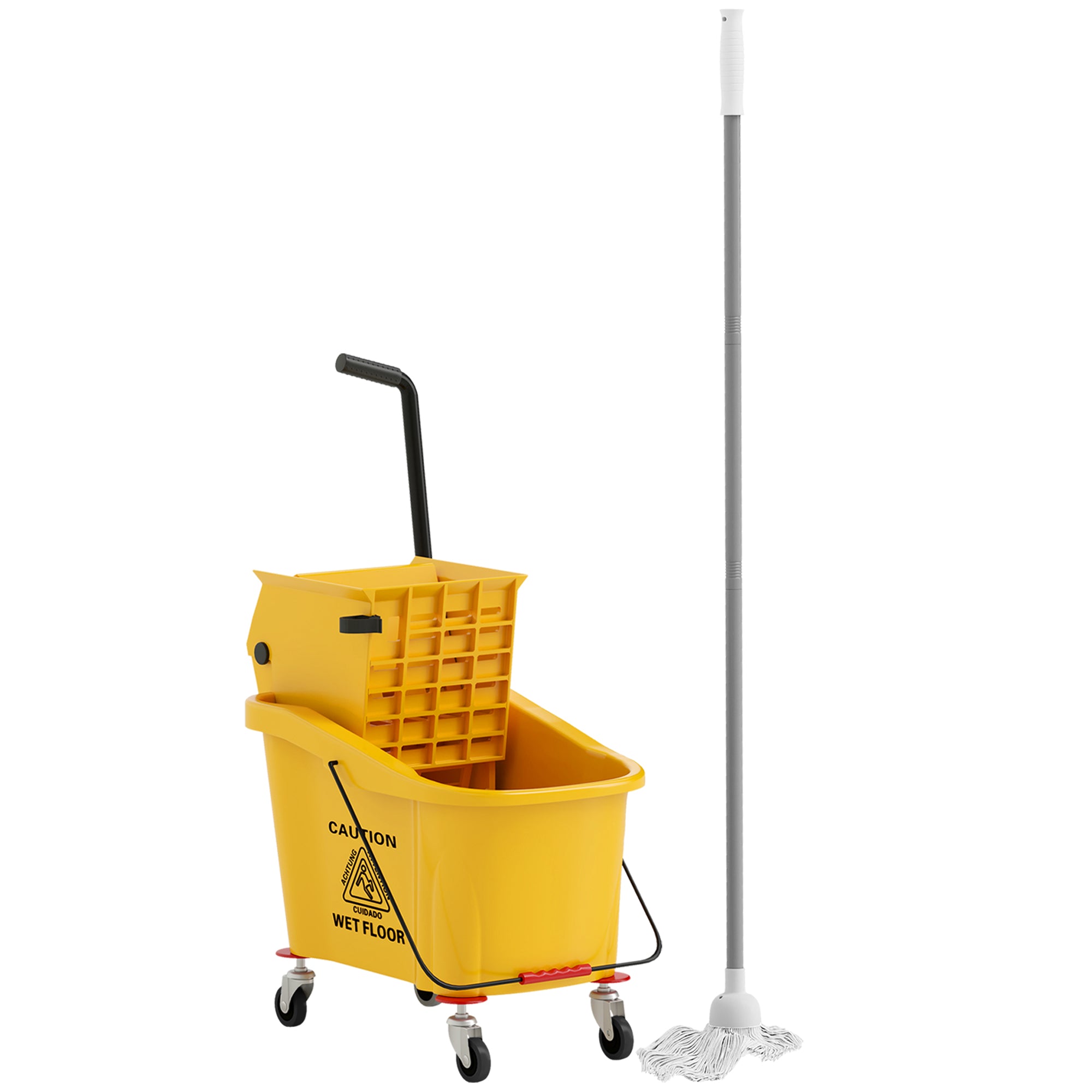 HOMCOM Mop Bucket with Wringer on Wheels for Floor Cleaning, 38 Quart Down Press Wringer with Handle and Mop, Yellow