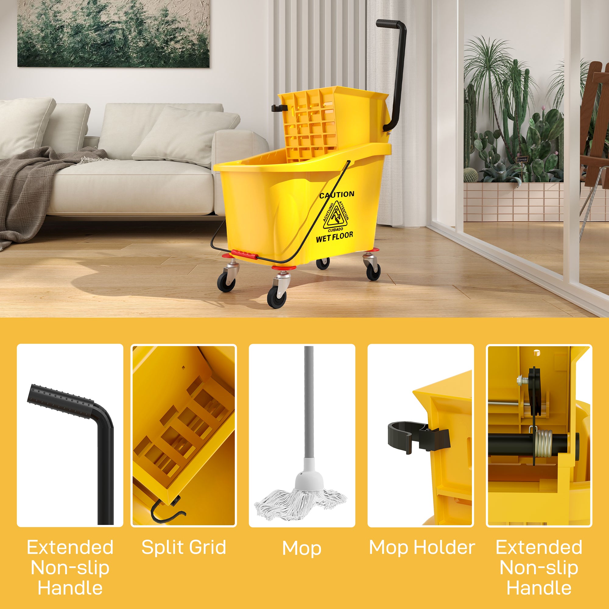 HOMCOM Mop Bucket with Wringer on Wheels for Floor Cleaning, 38 Quart Down Press Wringer with Handle and Mop, Yellow