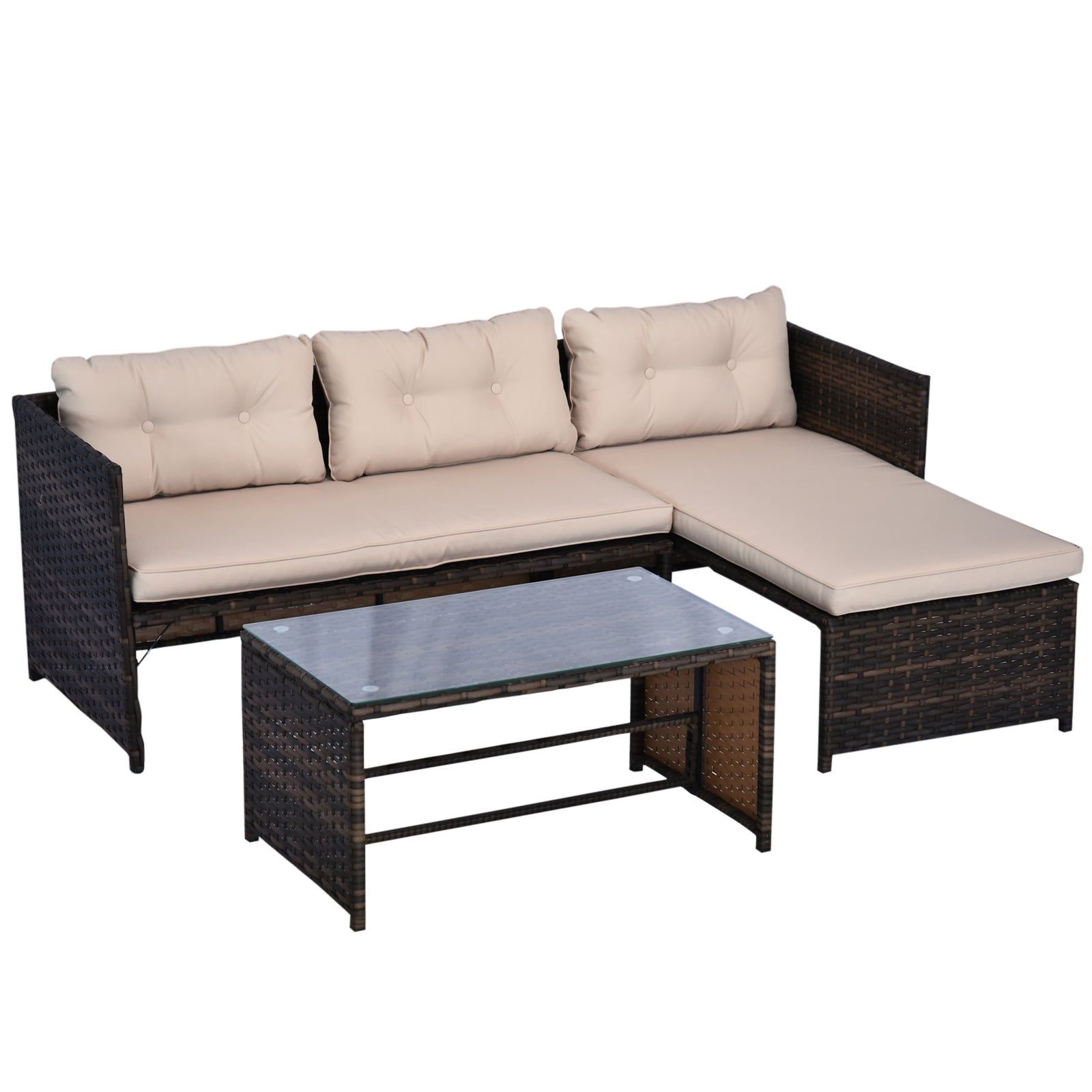 Outsunny 3pcs Outdoor Rattan Wicker Sofa and Chaise Lounge Set with Cushion Garden Patio Furniture Brown and Beige