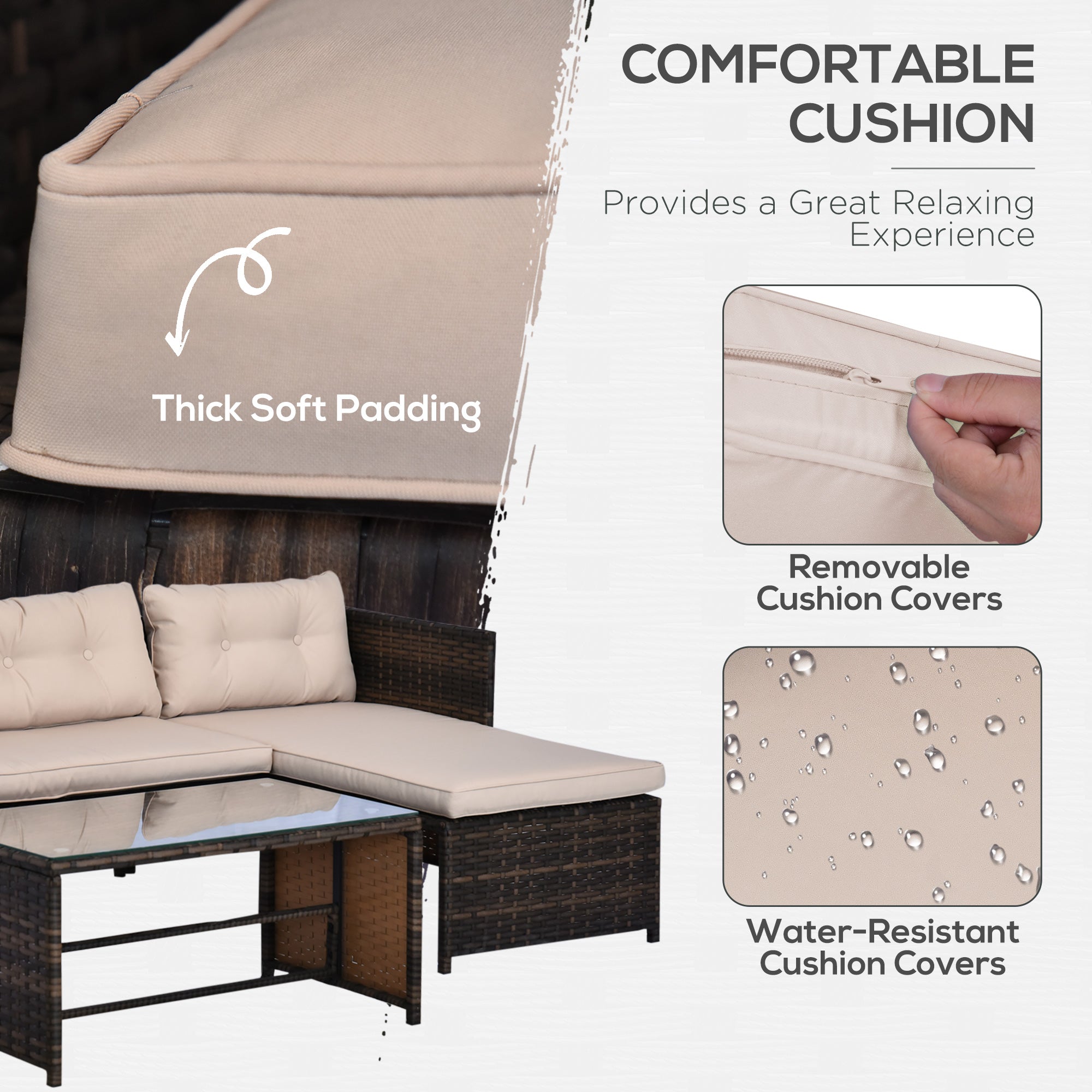 Outsunny 3pcs Outdoor Rattan Wicker Sofa and Chaise Lounge Set with Cushion Garden Patio Furniture Brown and Beige