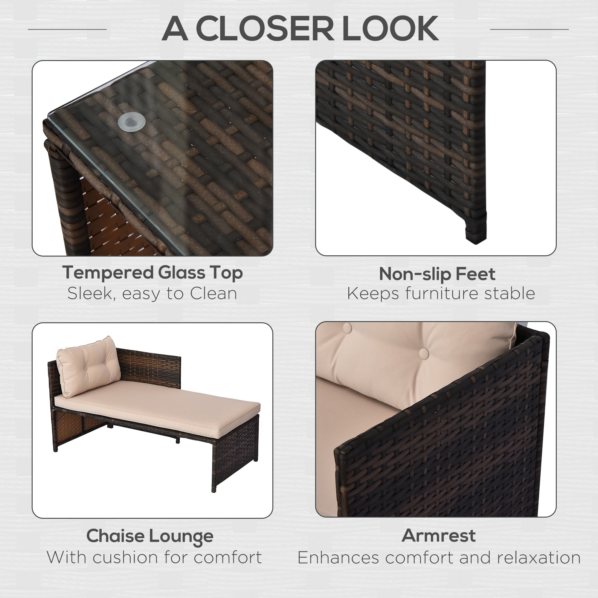 Outsunny 3pcs Outdoor Rattan Wicker Sofa and Chaise Lounge Set with Cushion Garden Patio Furniture Brown and Beige