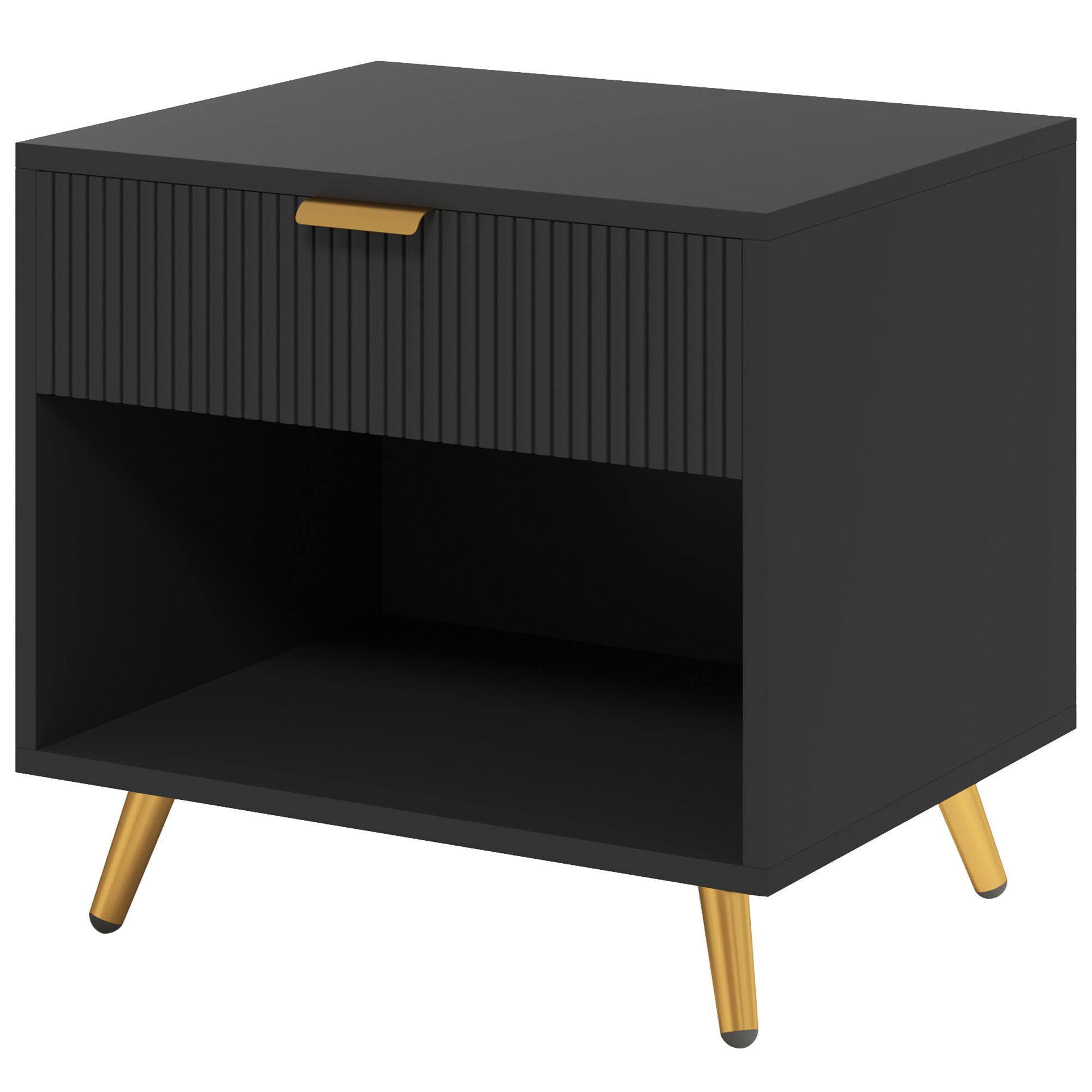 HOMCOM Nightstand with Fluted Panel, Bedside Table with Drawer and Open Compartment, Modern Night Table with Gold Metal Legs for Bedroom, Black
