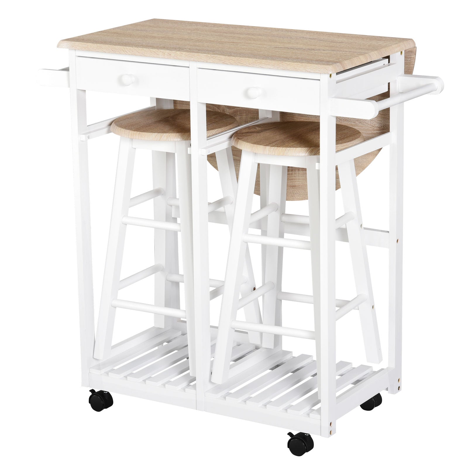 HOMCOM 3 Piece Kitchen Cart Set Drop Leaf Breakfast Table and 2 Stools with Rolling Wheels for Living Room Dorm Apartment