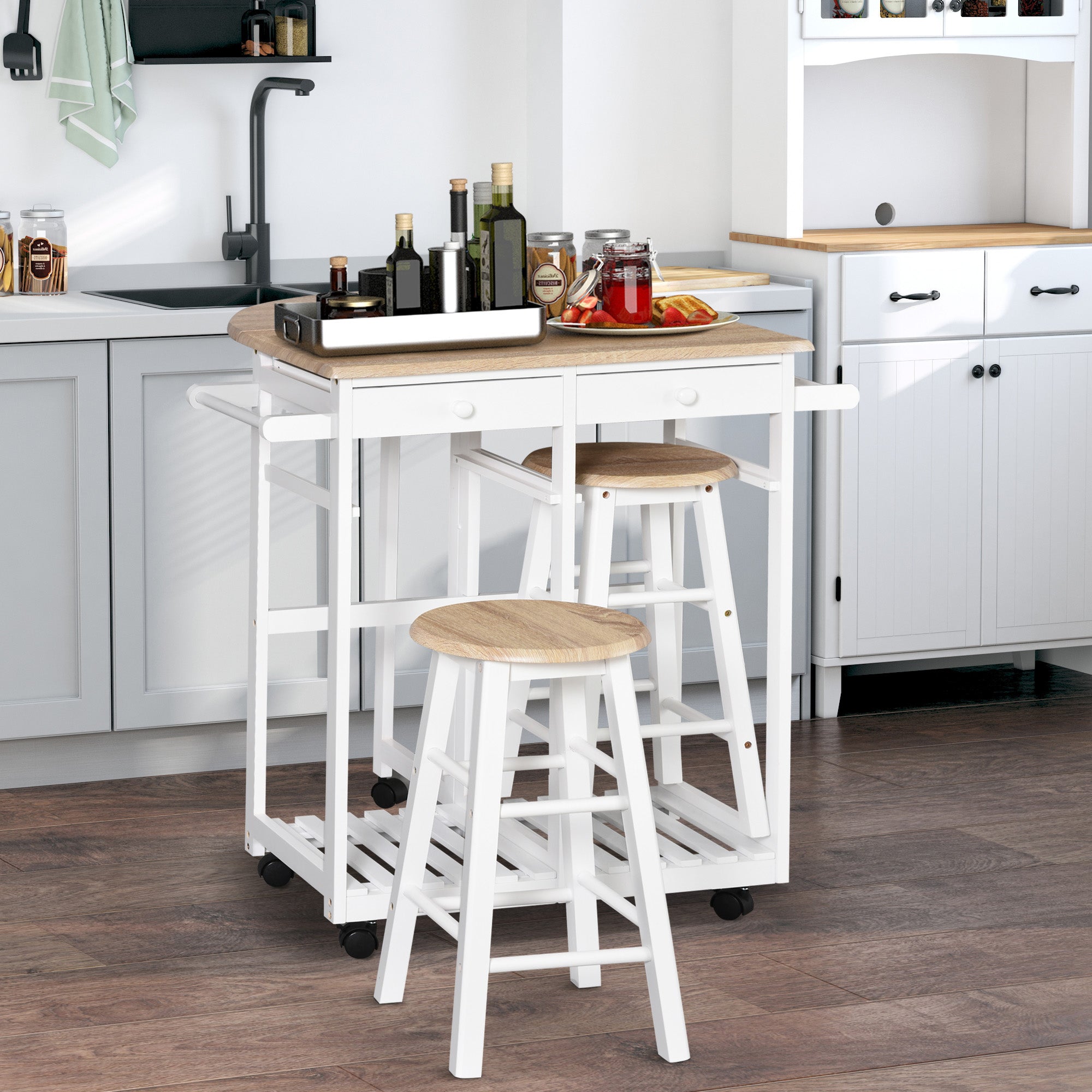 HOMCOM 3 Piece Kitchen Cart Set Drop Leaf Breakfast Table and 2 Stools with Rolling Wheels for Living Room Dorm Apartment