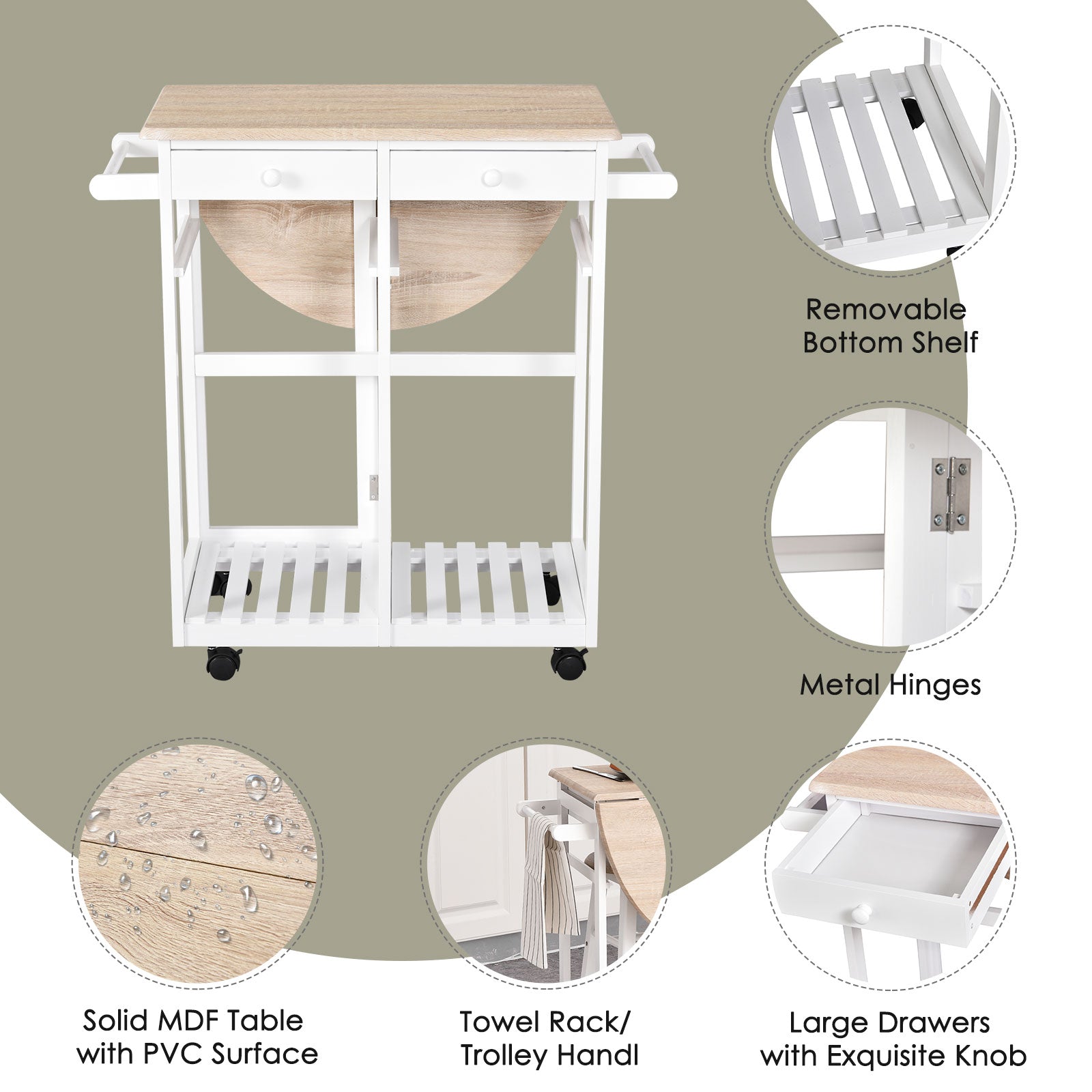 HOMCOM 3 Piece Kitchen Cart Set Drop Leaf Breakfast Table and 2 Stools with Rolling Wheels for Living Room Dorm Apartment