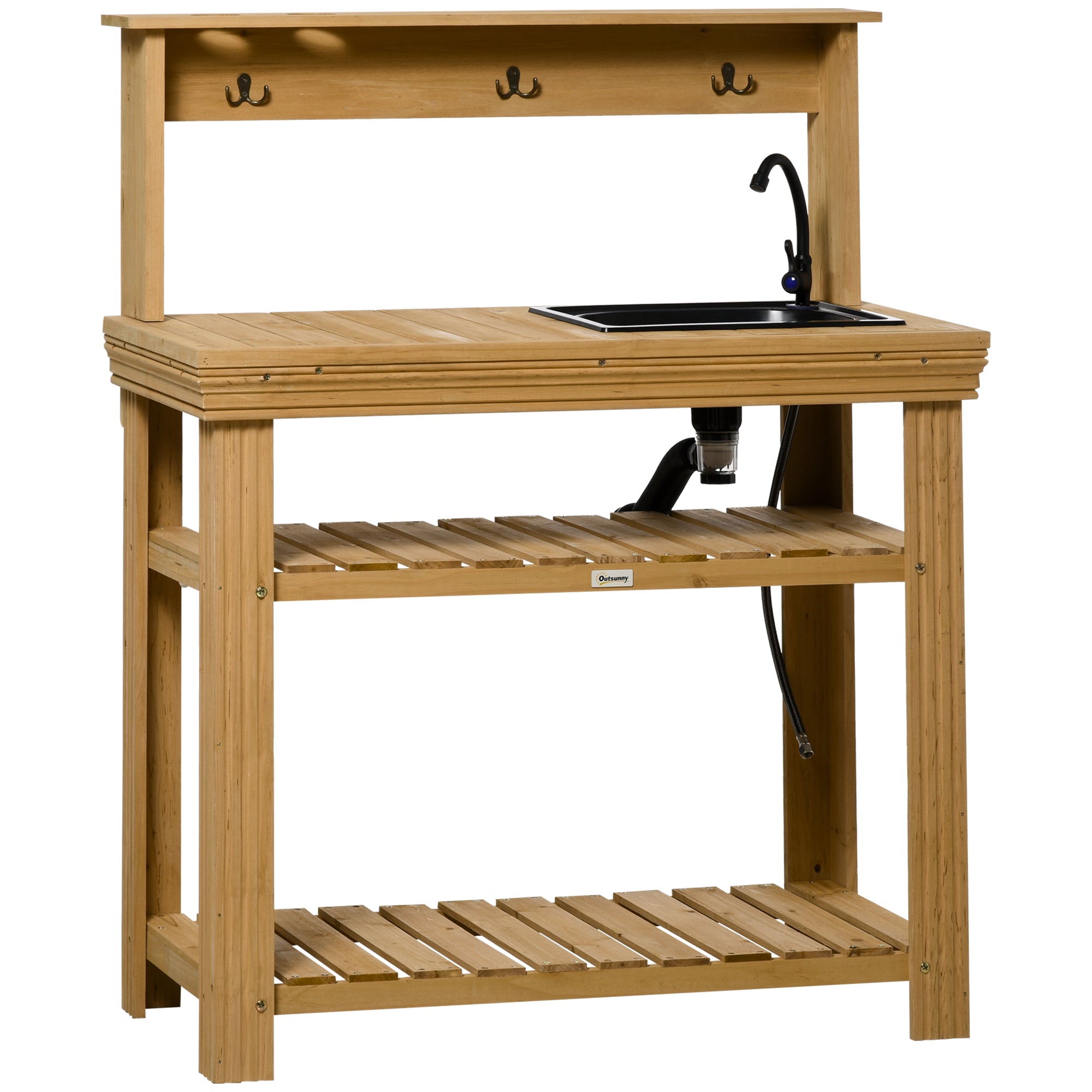 Outsunny Outdoor Potting Bench Table with Faucet, Removable Sink, Hooks and Storage Shelves, Wood Work Bench Workstation for Greenhouse, Garden, Patio