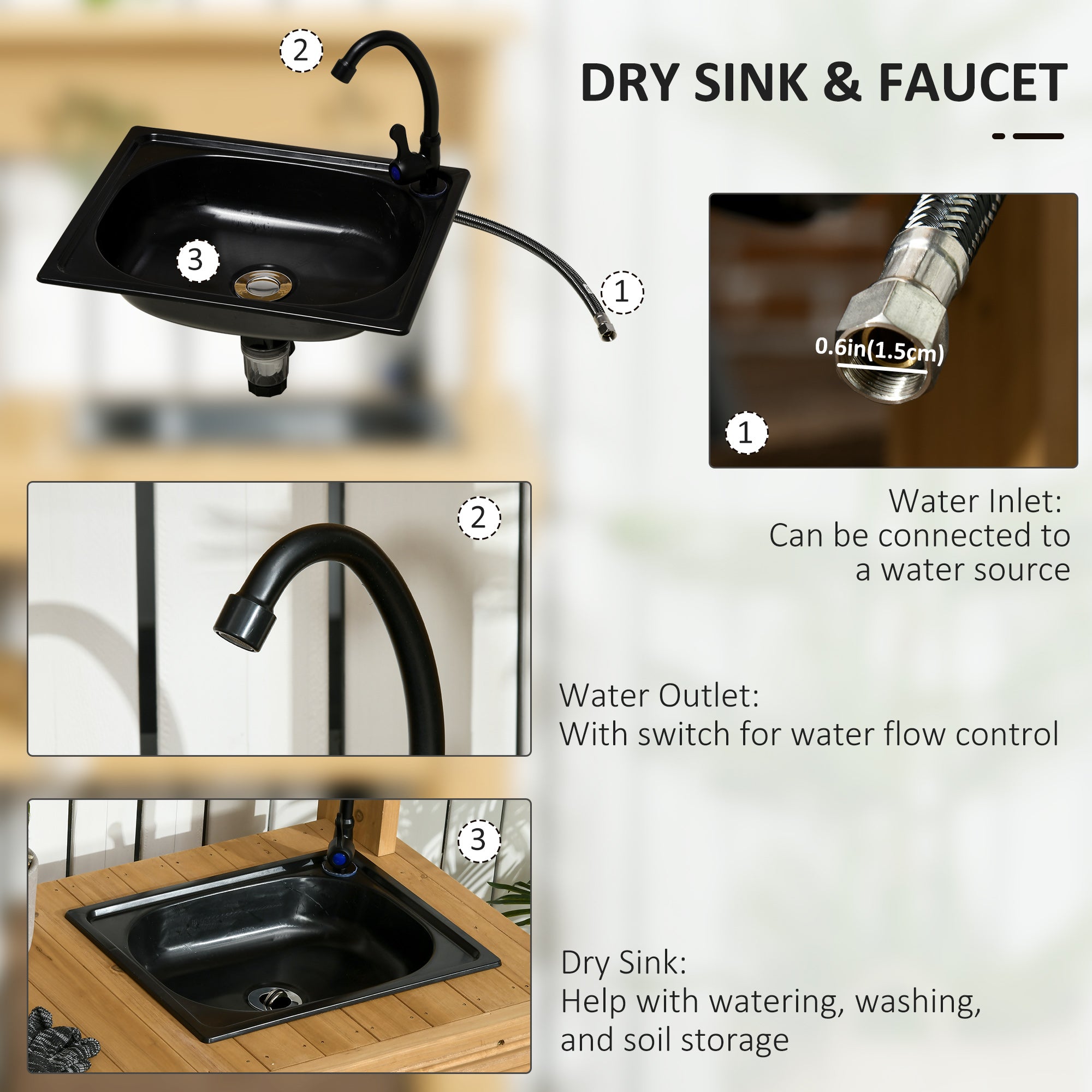 Outsunny Outdoor Potting Bench Table with Faucet, Removable Sink, Hooks and Storage Shelves, Wood Work Bench Workstation for Greenhouse, Garden, Patio