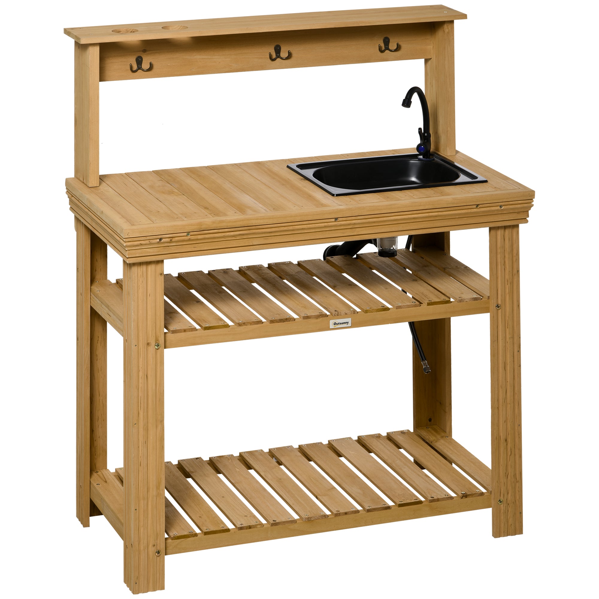 Outsunny Outdoor Potting Bench Table with Faucet, Removable Sink, Hooks and Storage Shelves, Wood Work Bench Workstation for Greenhouse, Garden, Patio