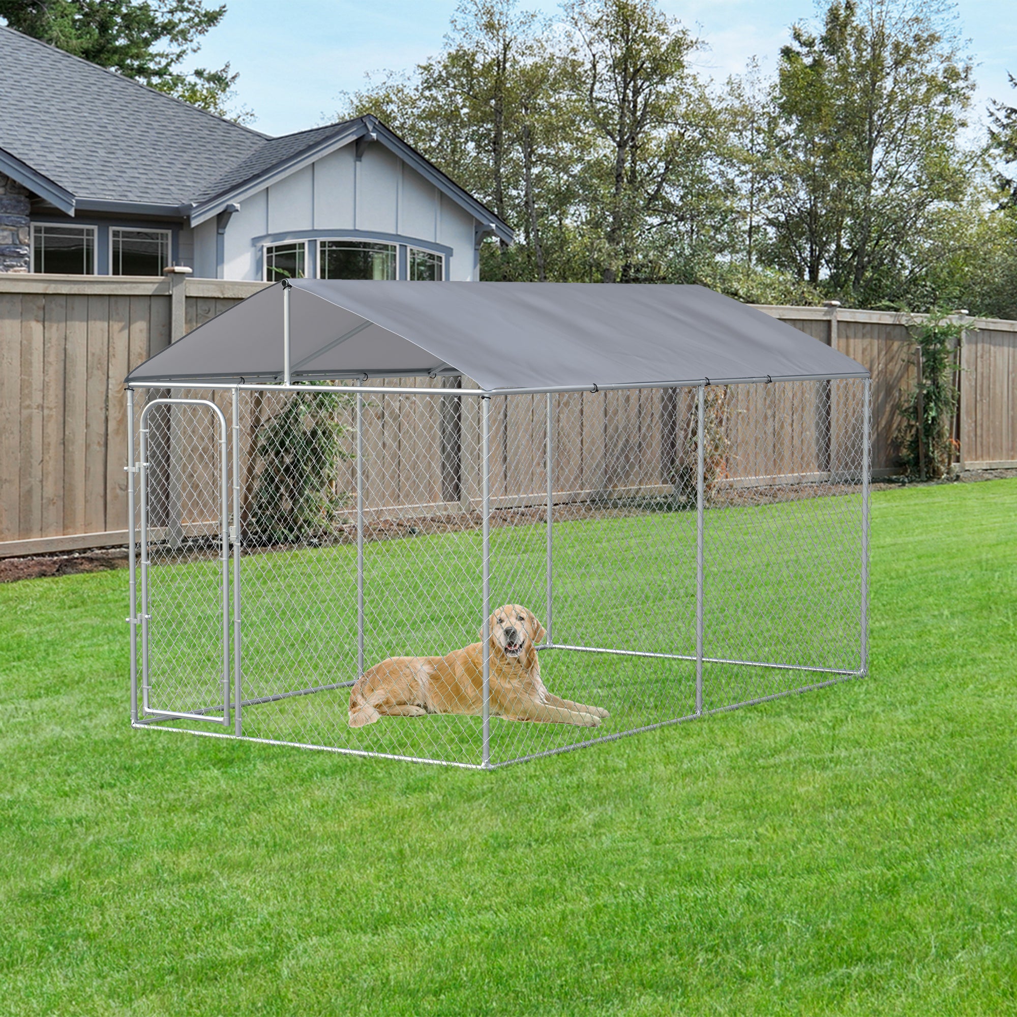 PawHut Dog Kennel Heavy Duty Playpen with Galvanized Steel Secure Lock Mesh Sidewalls and Waterproof Cover for Backyard & Patio, 13' x 7.5' x 7.5'