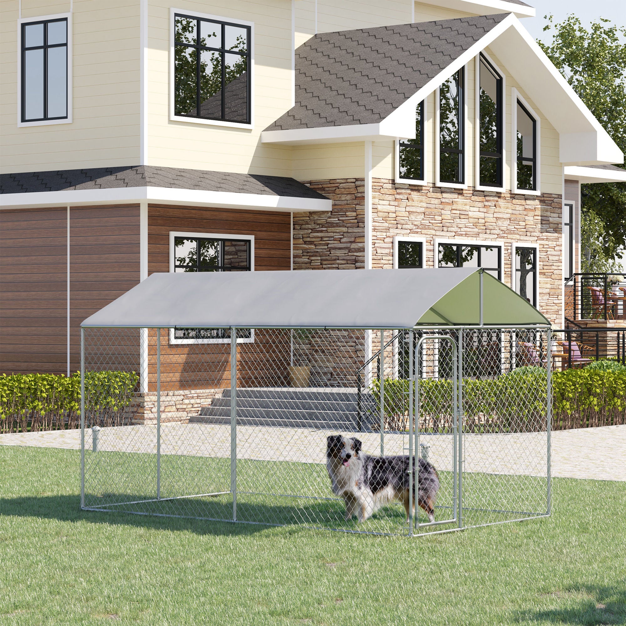 PawHut 13' x 7.5' x 7.5' Dog Kennel, Outdoor Dog Run with Waterproof, UV Resistant Roof, Lockable Door for Large-Sized Dogs, Silver
