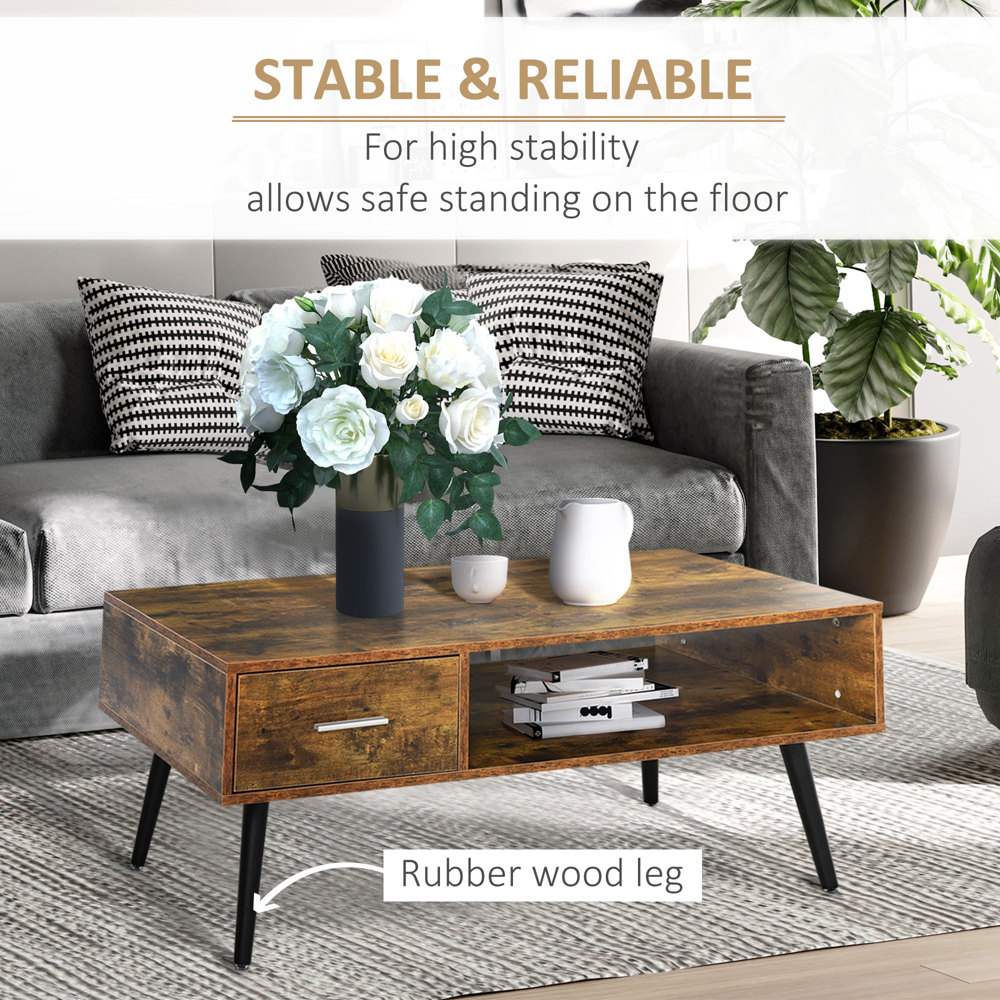 HOMCOM Coffee Table with Storage Shelf and Drawer, Industrial Wooden Center Table for Living Room, Rustic Brown