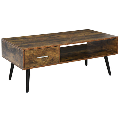 HOMCOM Coffee Table with Storage Shelf and Drawer, Industrial Wooden Center Table for Living Room, Rustic Brown