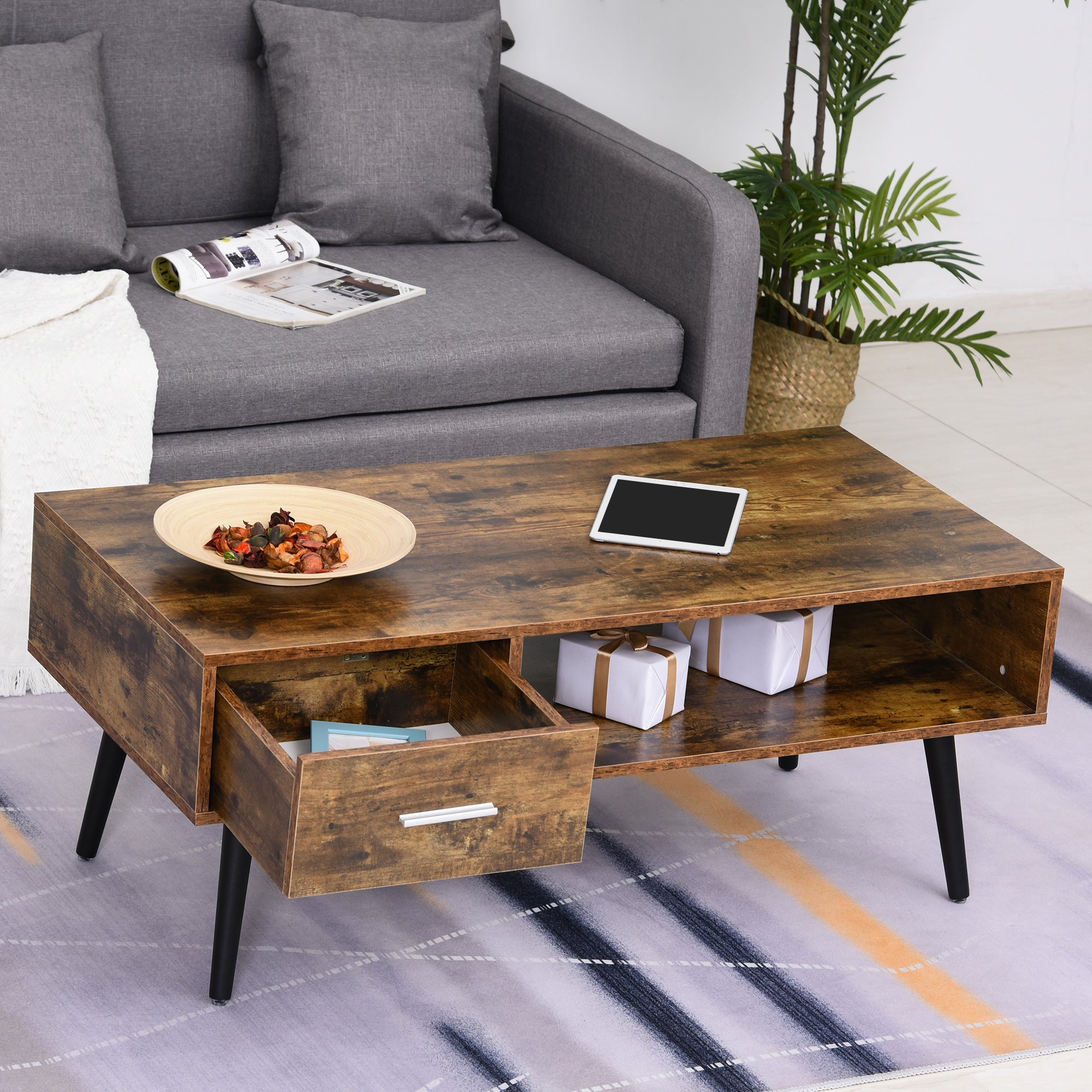 HOMCOM Coffee Table with Storage Shelf and Drawer, Industrial Wooden Center Table for Living Room, Rustic Brown