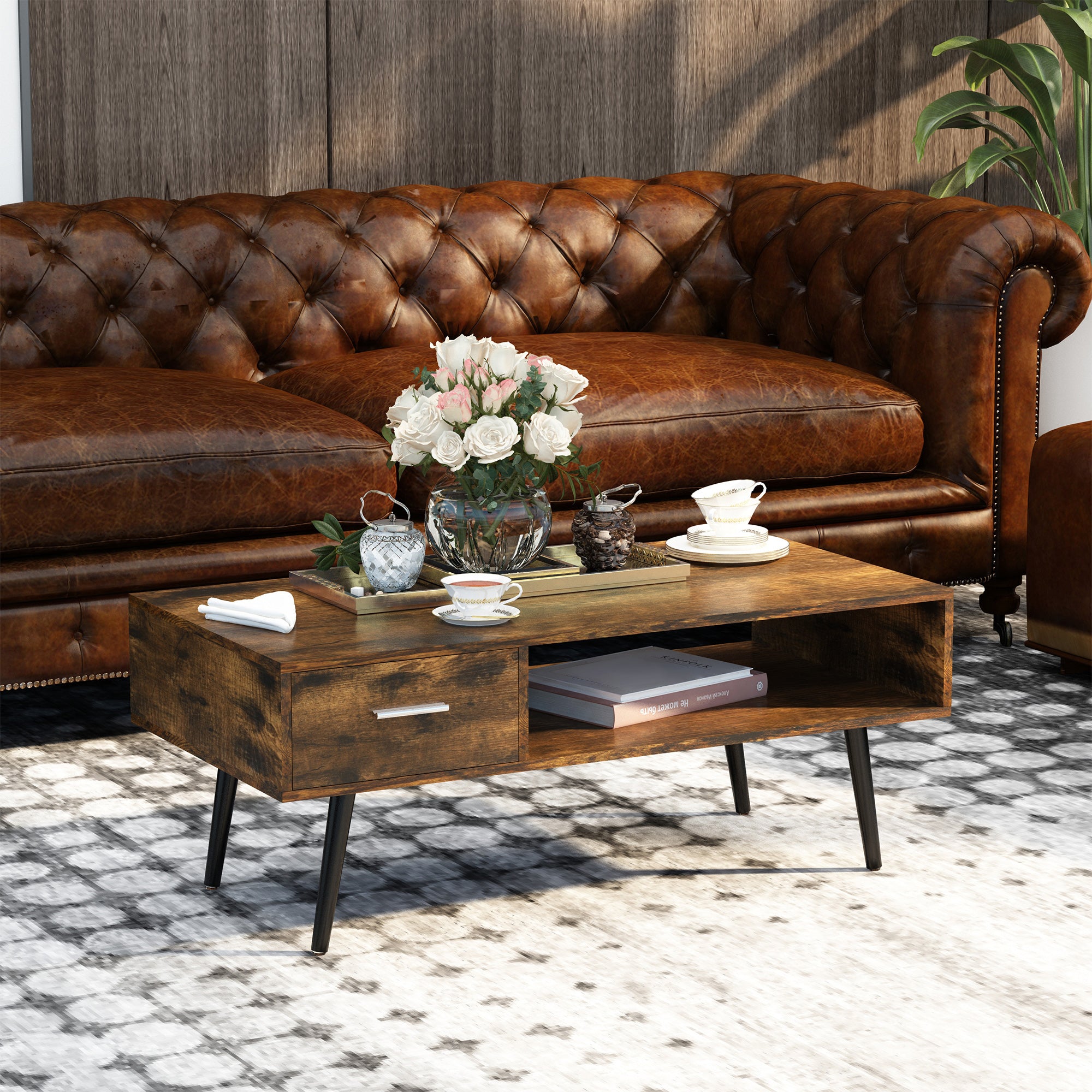 HOMCOM Coffee Table with Storage Shelf and Drawer, Industrial Wooden Center Table for Living Room, Rustic Brown